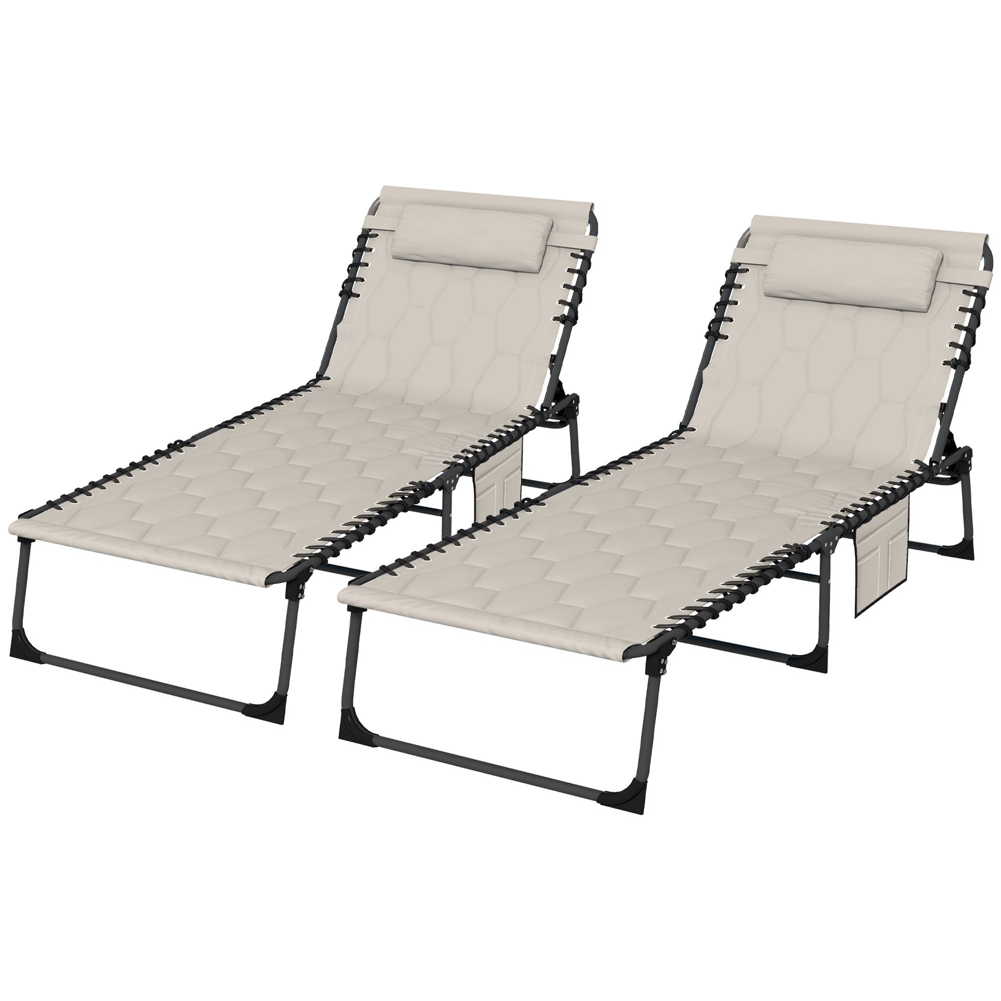 Outsunny Foldable Sun Lounger Set with 5-level Reclining Back, Outdoor Tanning Chairs with Build-in Padded Seat, Sun Loungers w/ Side Pocket