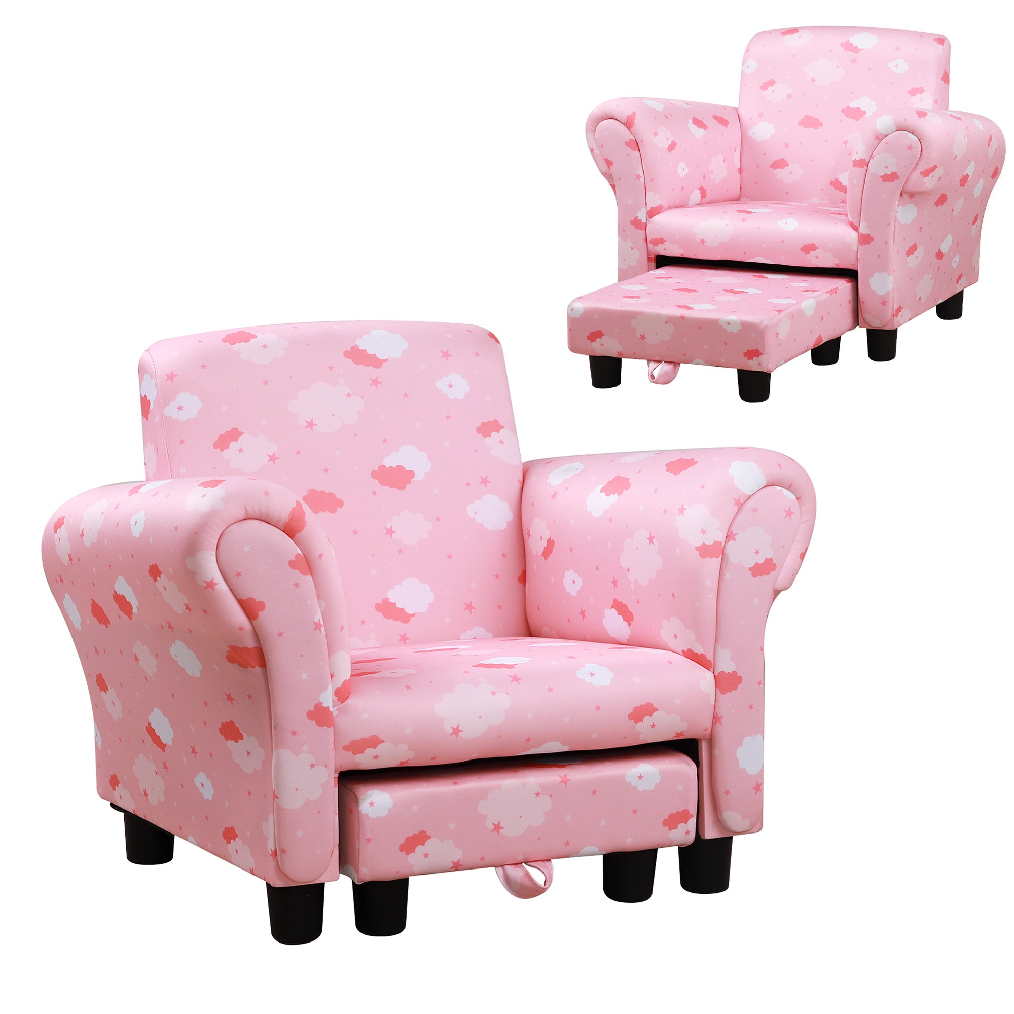 HOMCOM Kids Children Armchair Mini Sofa Wood Frame w/ Footrest Anti-Slip Legs High Back Arms Bedroom Playroom Furniture Cute Cloud Star Pink