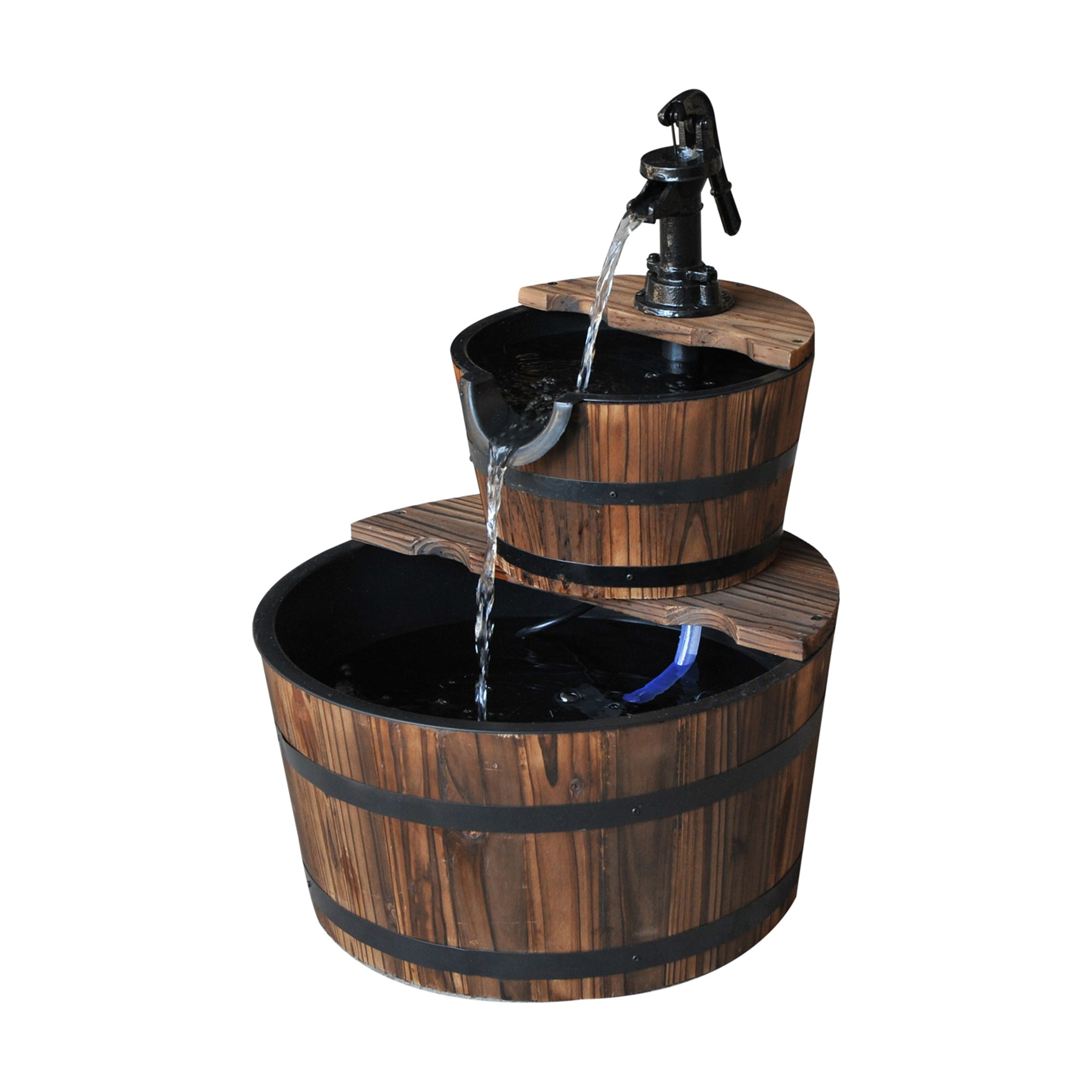 Outsunny Wooden Water Pump Fountain Cascading Feature Barrel Garden Deck (2 Tier)