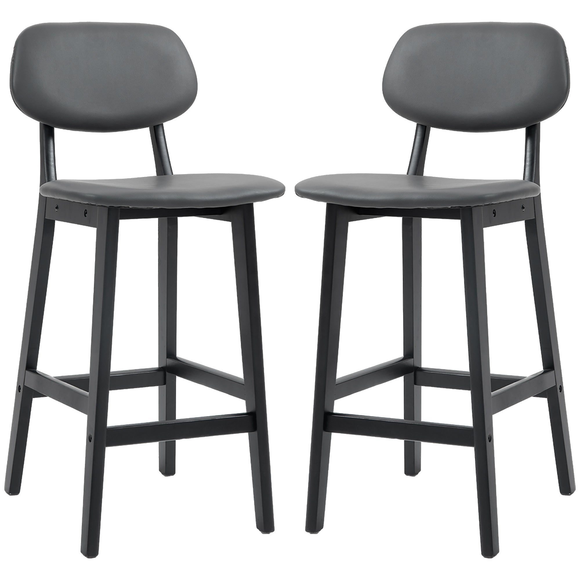 HOMCOM Bar Stools Set of 2, Modern Breakfast Bar Chairs, Faux Leather Upholstered Kitchen Stools with Backs and Wood Legs, Dark Grey