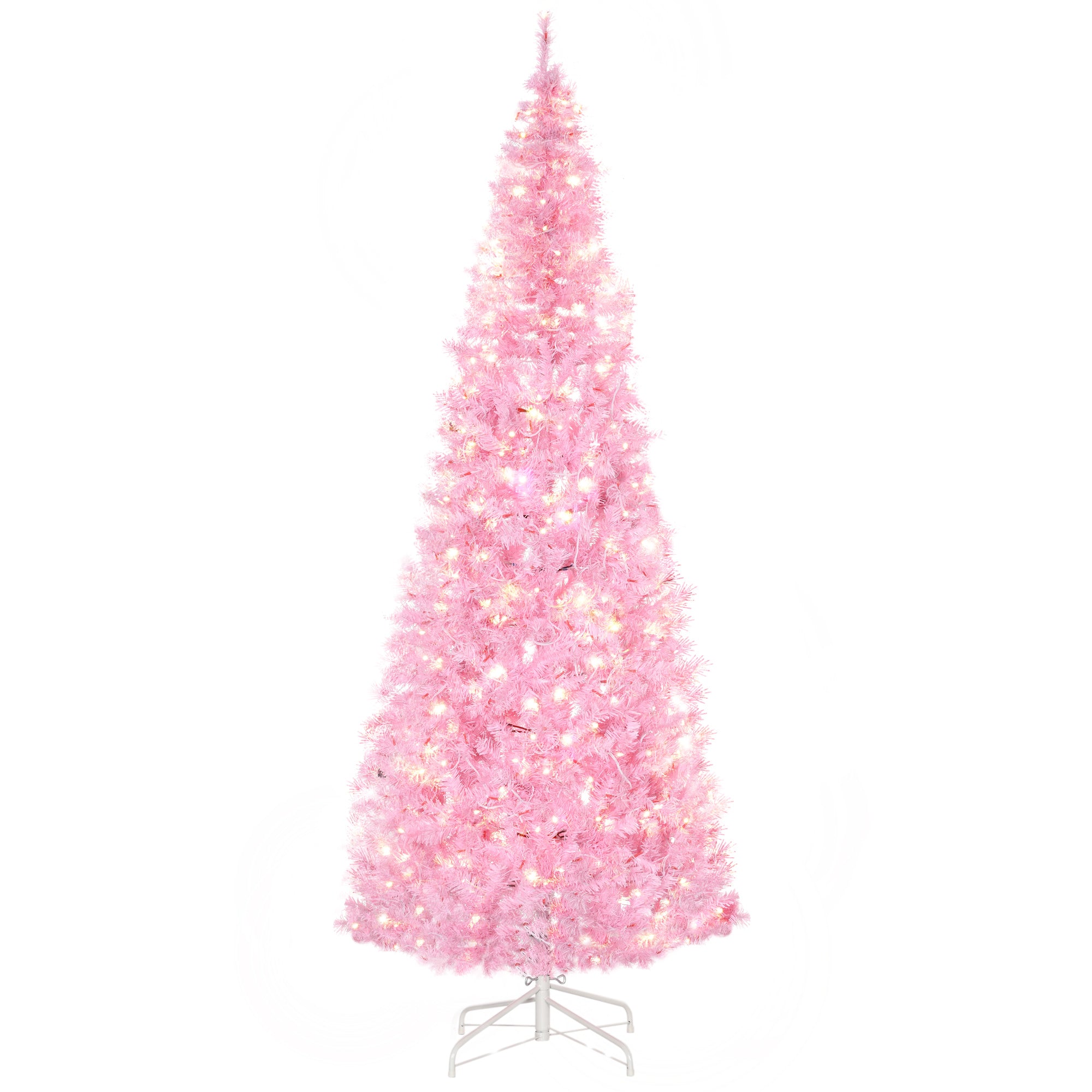 HOMCOM 7' Tall Prelit Pencil Slim Artificial Christmas Tree with Realistic Branches, 350 Warm White LED Lights and 818 Tips, Xmas Decoration, Pink