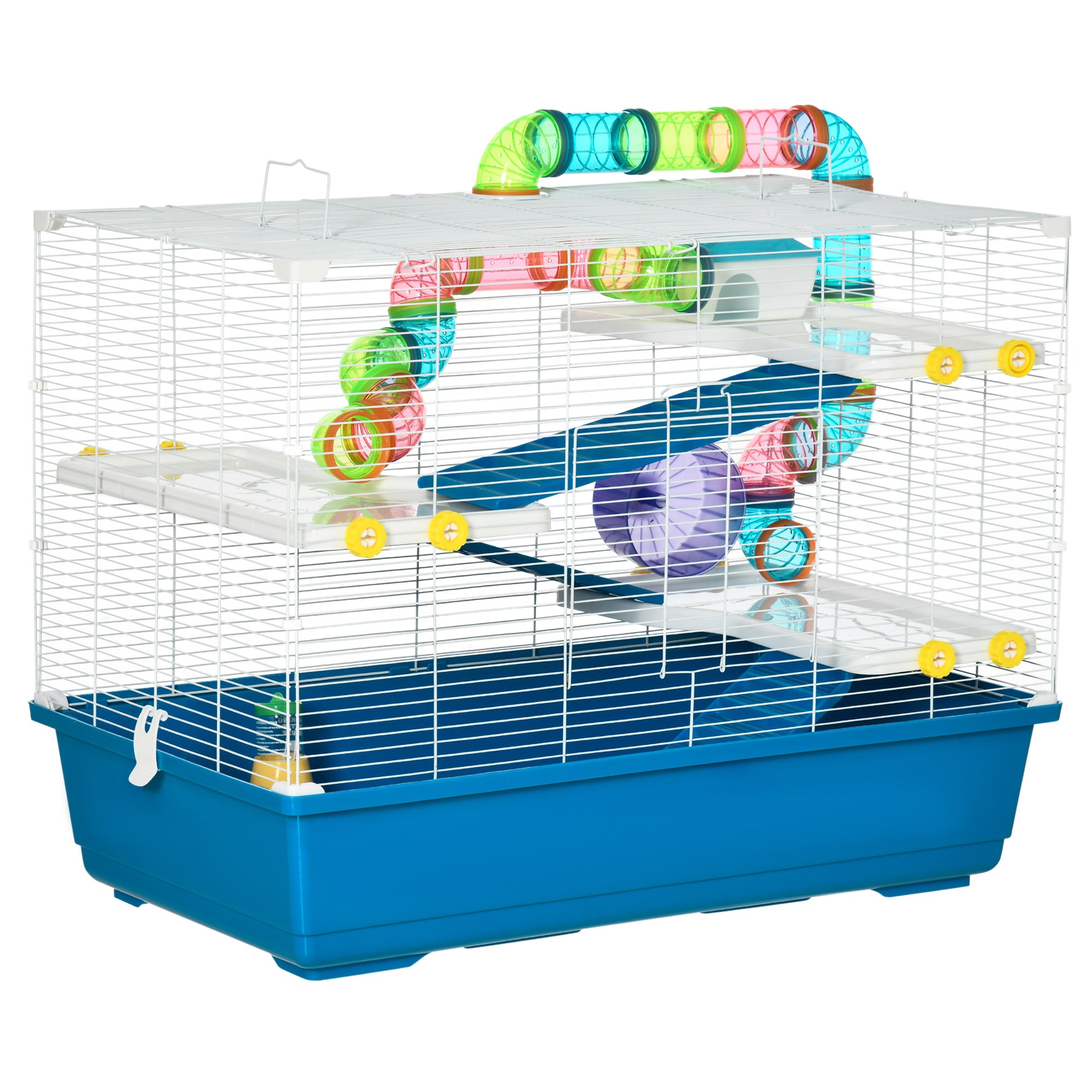 PawHut Large Hamster Cage, Multi-storey Gerbil Haven, Small Rodent House, Tunnel Tube System, with Water Bottle, Exercise Wheel, Food Dish,Ramps Blue