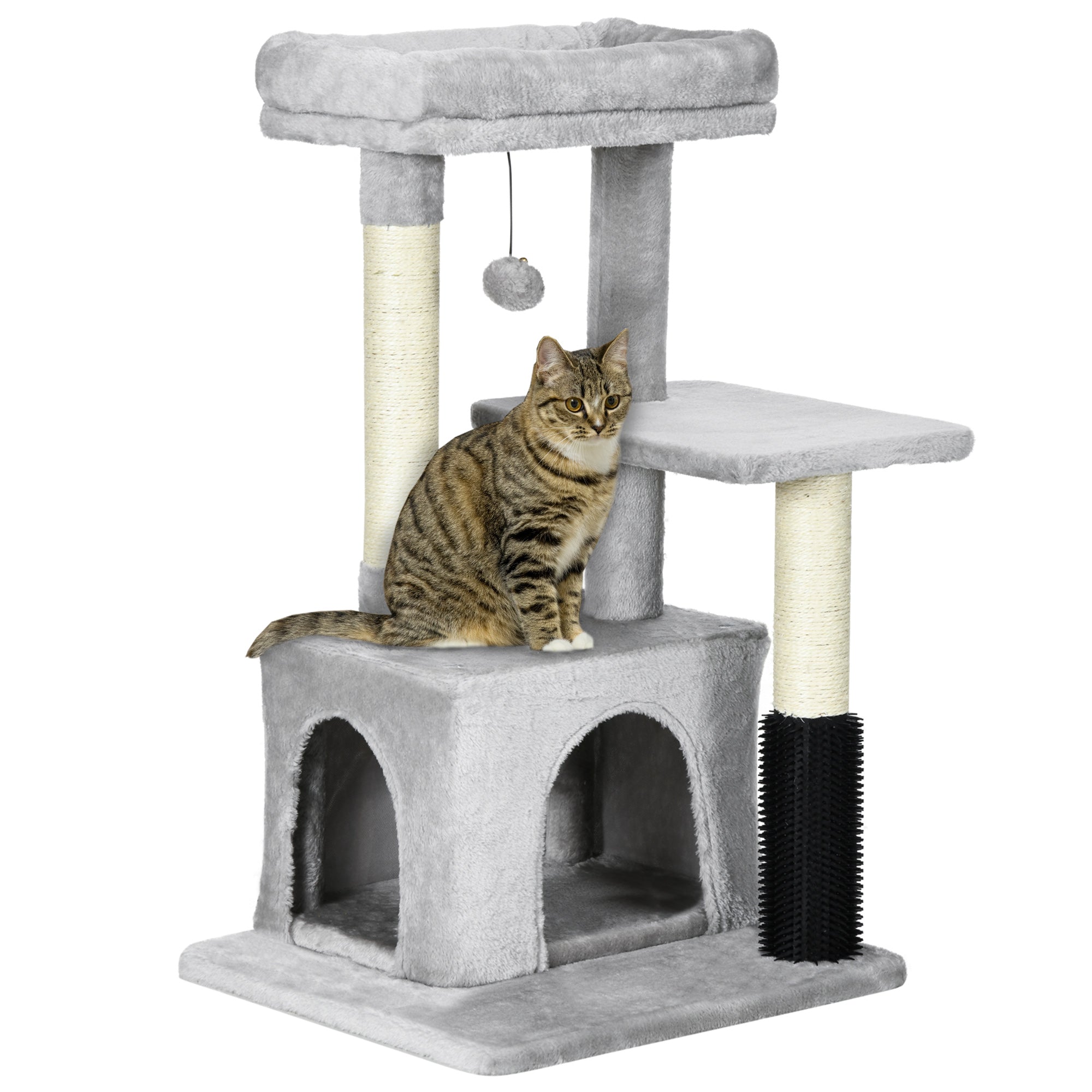 PawHut Cat Tree Tower with Sisal Scratching Posts, Kitten Climbing Activity Centre, Massage Toy Included, 48 x 48 x 80cm, Light Grey