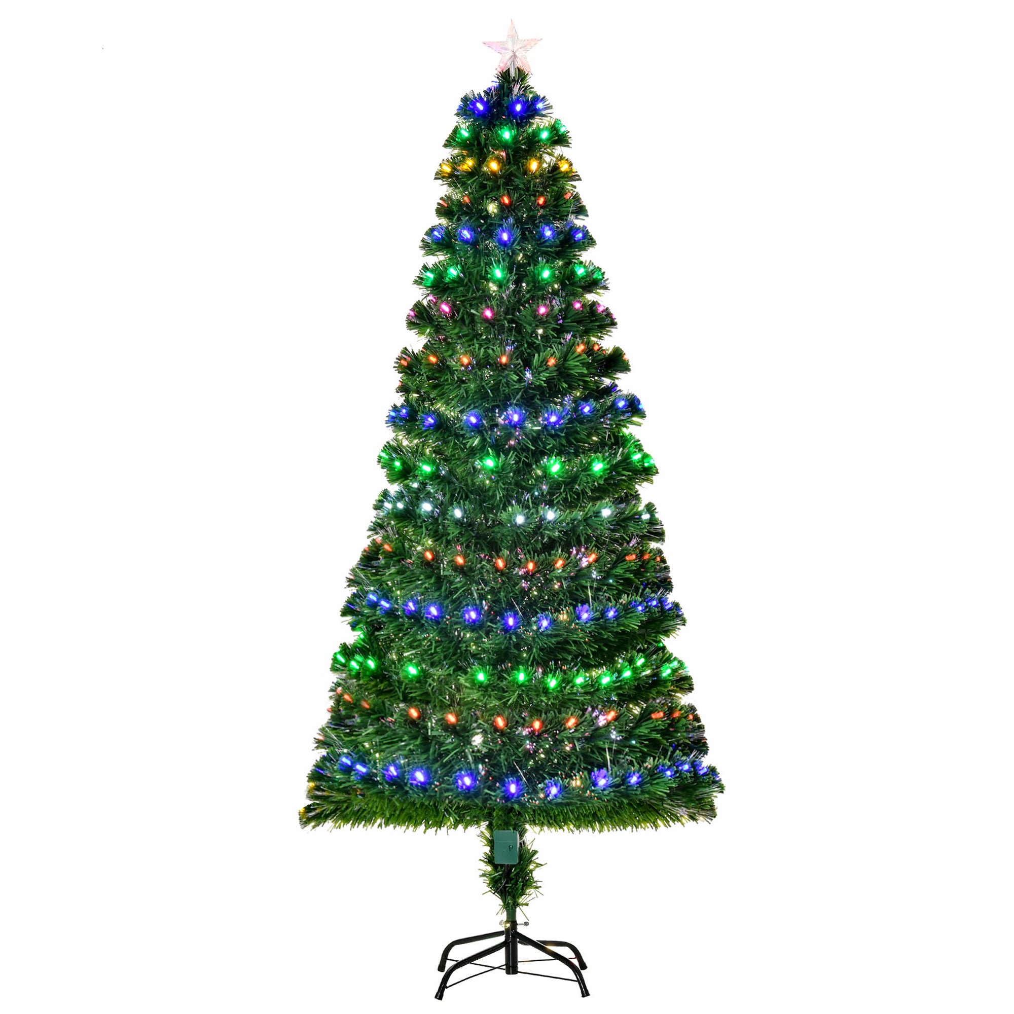 HOMCOM 6ft Pre-Lit Fiber Optic Christmas Tree W/ Star Tree Topper, Solid Metal Base, 220 Branch Tips, 6 Color LED Lights Decoration