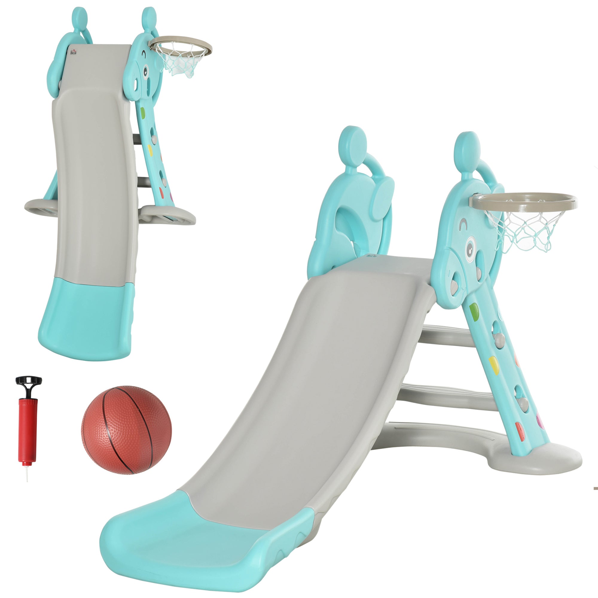 HOMCOM Kids 2 in 1 Slide with Basketball Hoop, Toddler Freestanding Slider Playset, 18 months - 4 Years - Deer Shaped, Blue