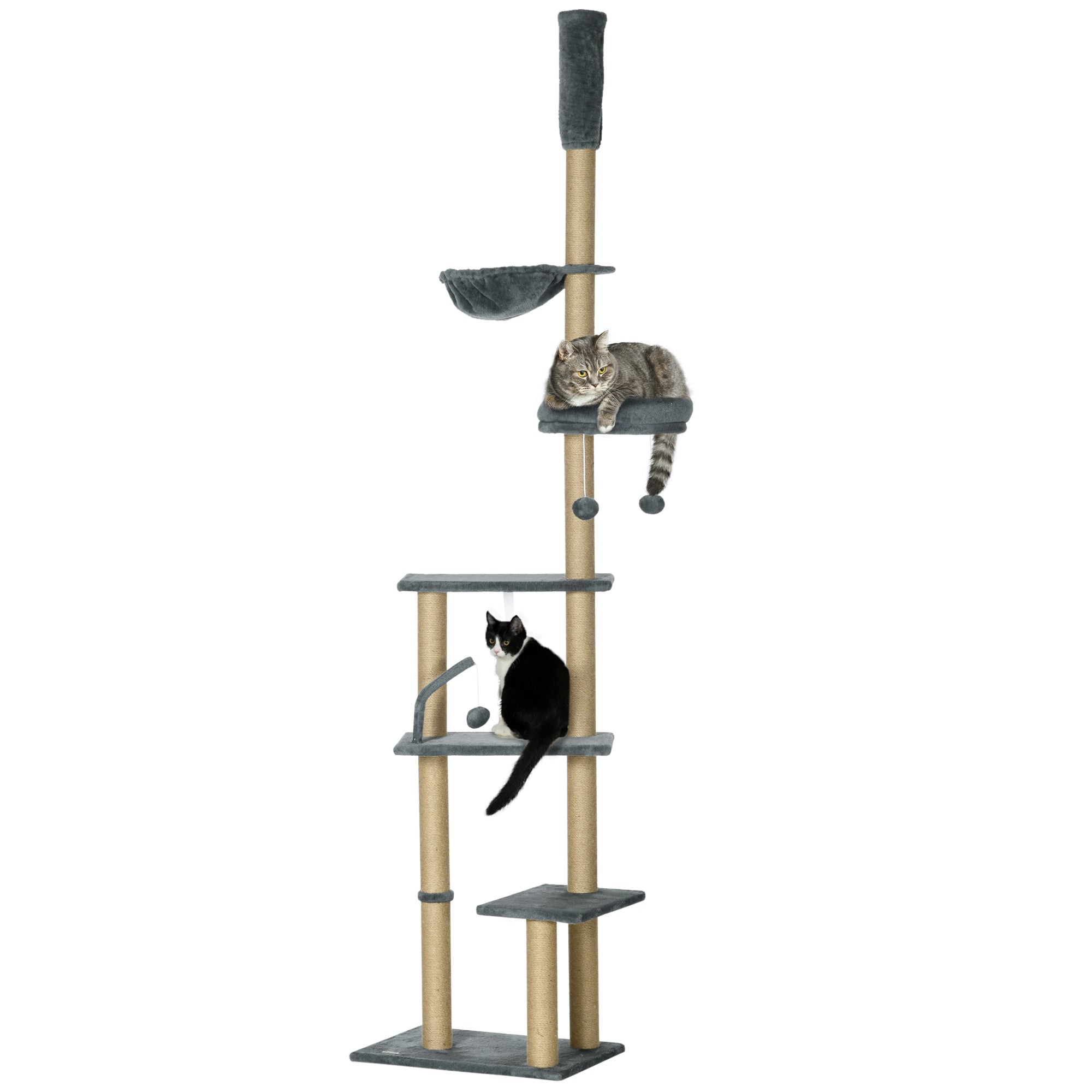 PawHut Floor to Ceiling Cat Tree, 6-Tier Climbing Activity Centre with Scratching Post, Hammock, Adjustable Height 230-250cm, Grey