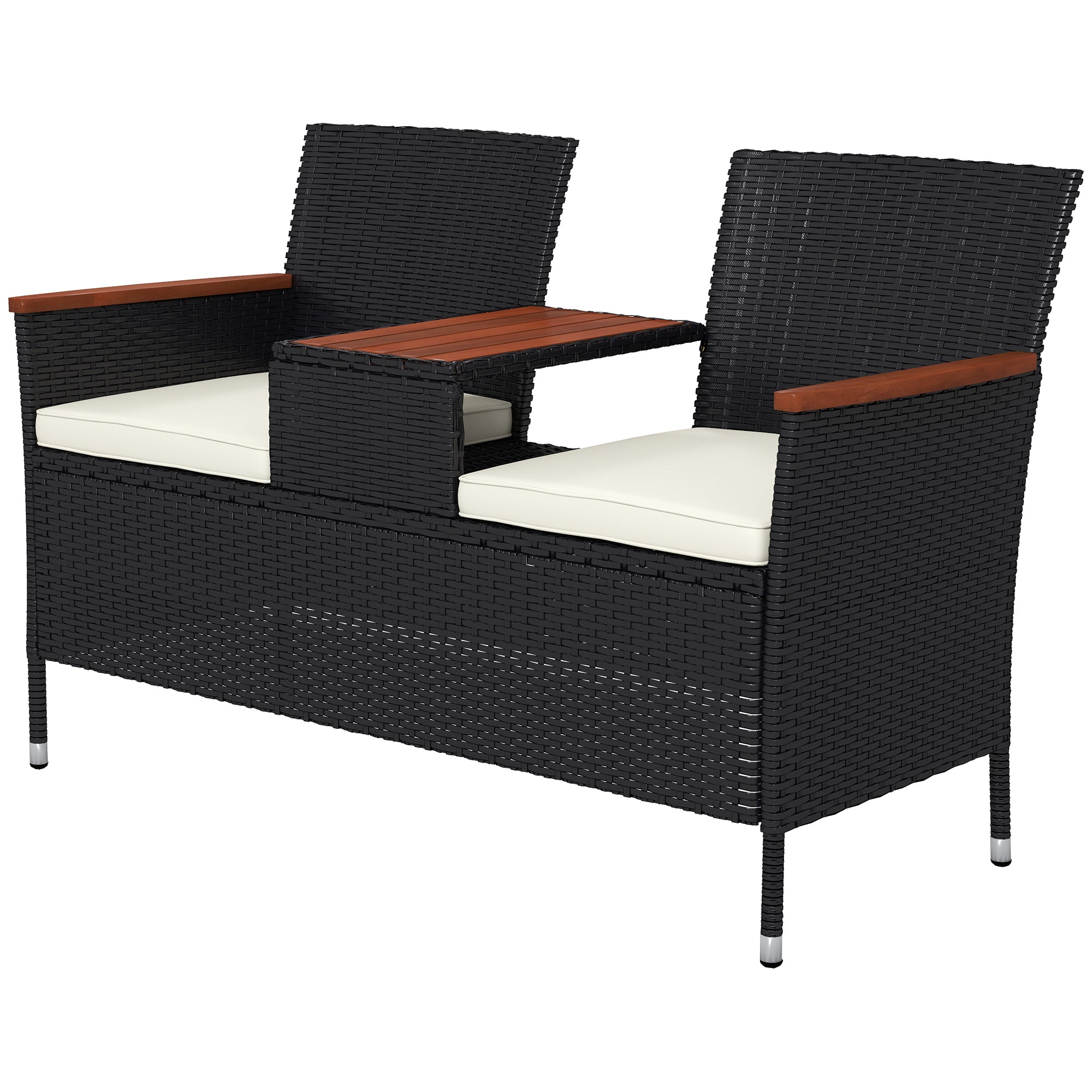 Outsunny Two-Seat Rattan Loveseat, with Wood-Top Middle Table - Black