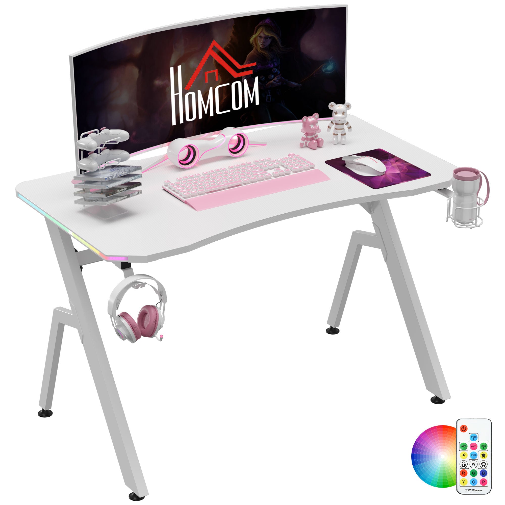 HOMCOM Gaming Desk Racing Style Home Office Ergonomic Computer Table Workstation with RGB LED Lights, Hook, Cup Holder, Controller Rack, White