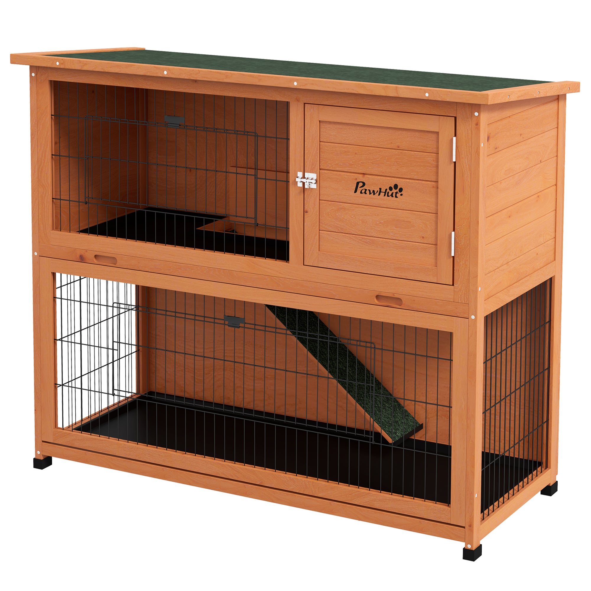 PawHut 2 Tier Antiseptic Wood Rabbit Hutch with Run Outdoor Orange