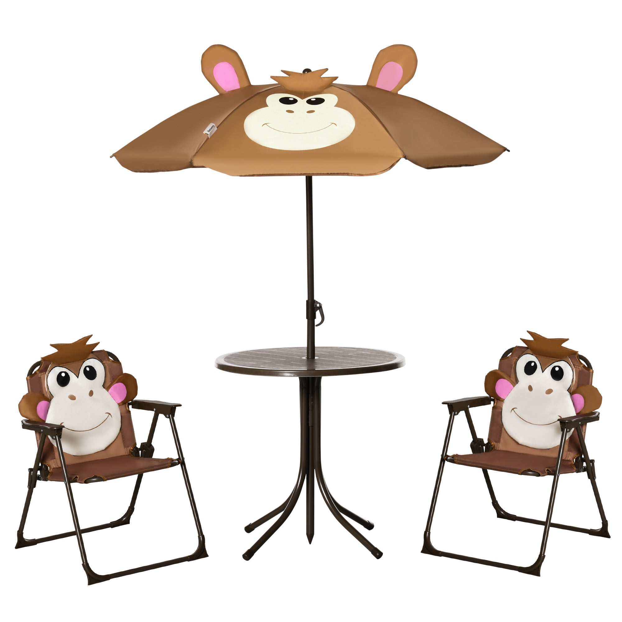 Outsunny Kids Picnic & Table Chair set, Outdoor Folding Garden Furniture w/ Monkey Design, Removable, Adjustable Sun Umbrella, Ages 3-6 Years - Brown