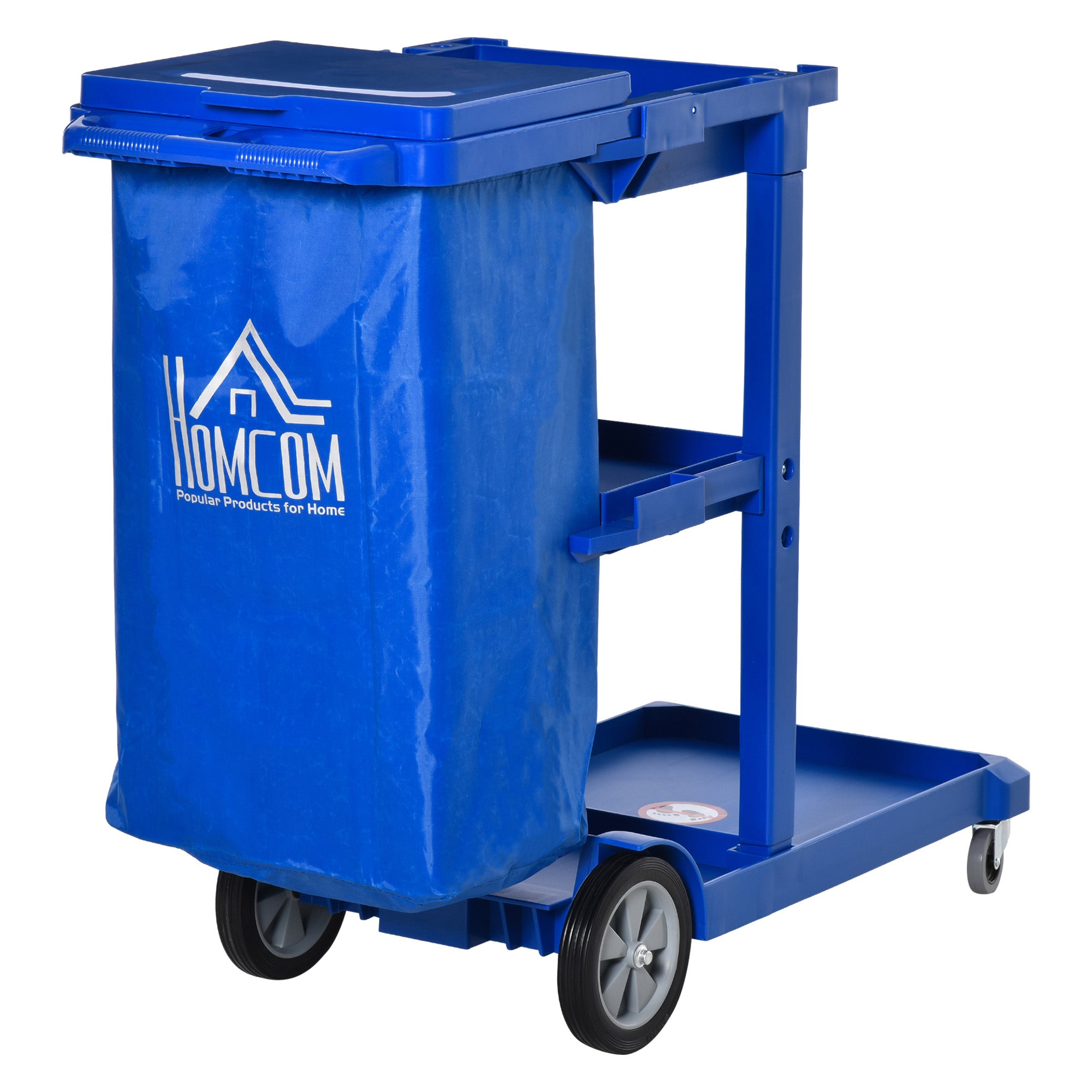 HOMCOM Cleaning Carts On Wheels, Janitorial Trolley with 3 Tier Shelves, Housekeeping Utility Service Unit with Rubbish Bag and Mop Mount for Hotel, Office, Blue