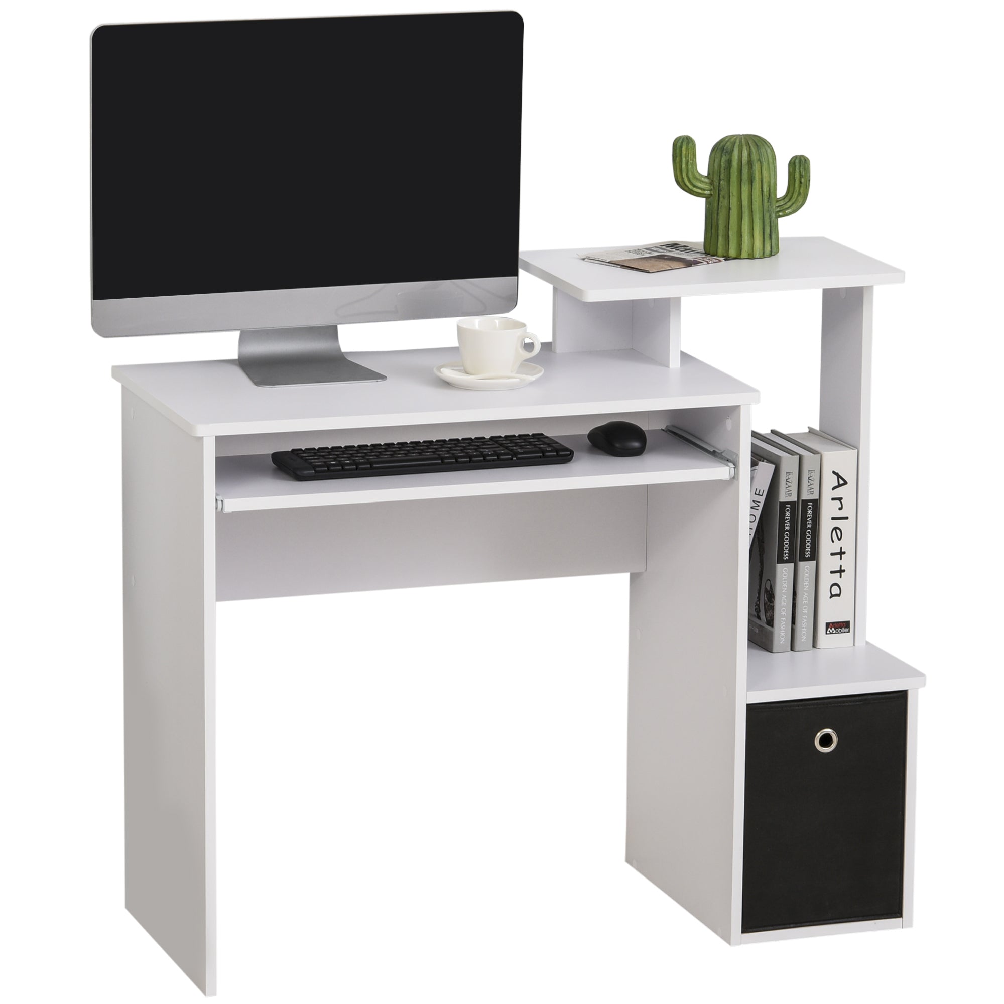 HOMCOM Compact Small Computer PC Desk with Sliding Keyboard Tray Storage Drawer Shelf Home Office Workstation Gaming Study White