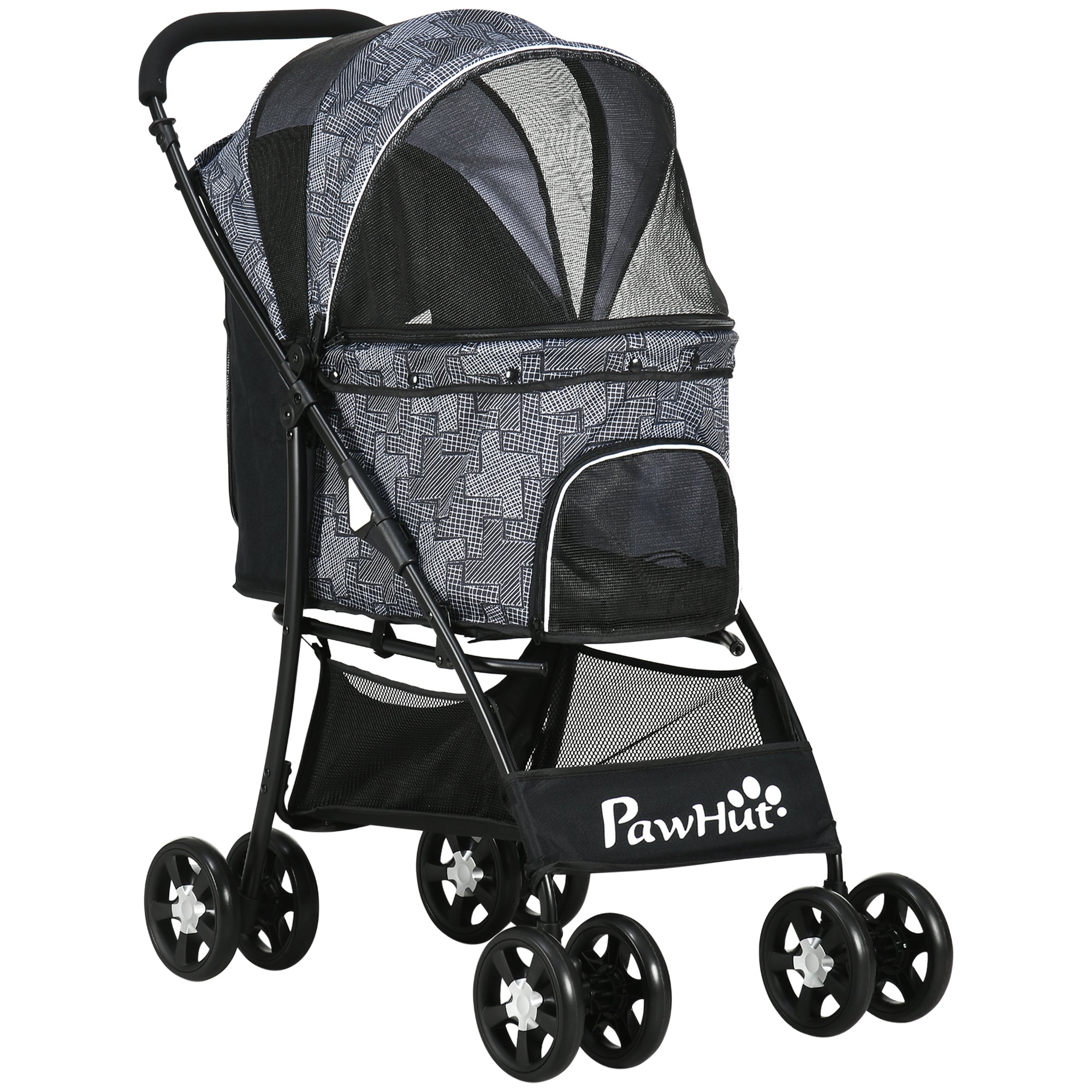 PawHut Pet Stroller, Dog Pushchair, Cat Travel Carriage, Foldable with Carrying Bag, Universal Wheels, Brake Canopy, for XS & S Sized Pets, Grey