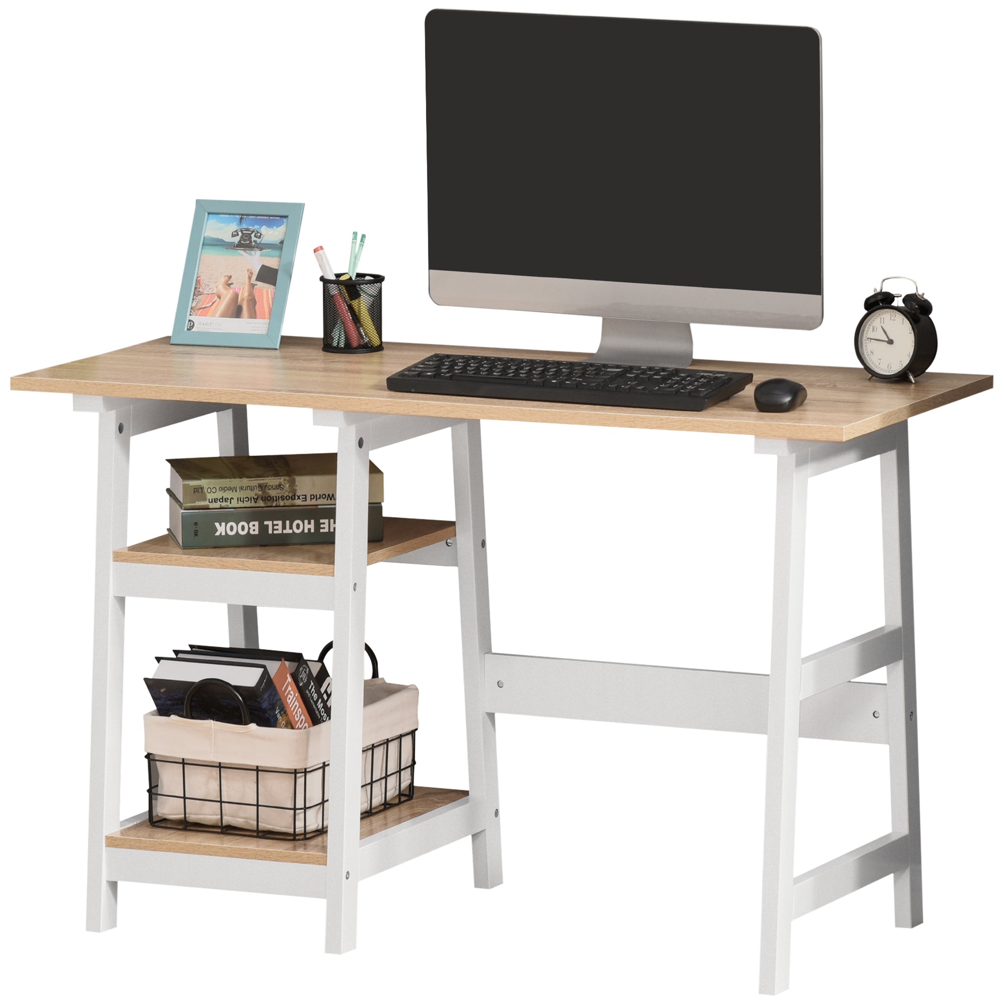 HOMCOM Compact Computer Desk with Storage Shelves Study Table with Bookshelf PC Table Workstation for Home Office Study White and Natural