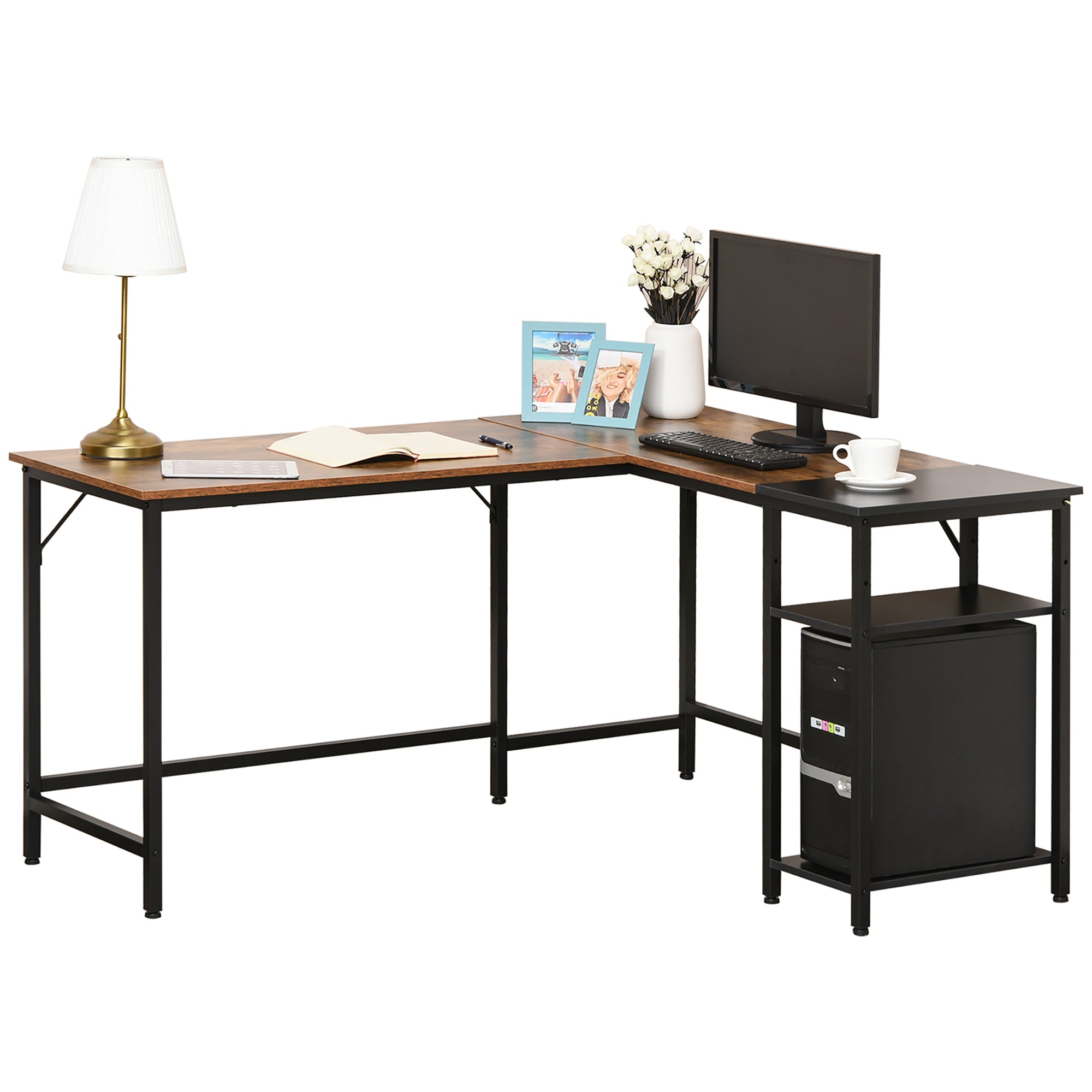 HOMCOM Industrial L-Shaped Computer Desk, Corner Writing Desk with Adjustable Shelf, Space-Saving Workstation, Rustic Brown, for Home Office