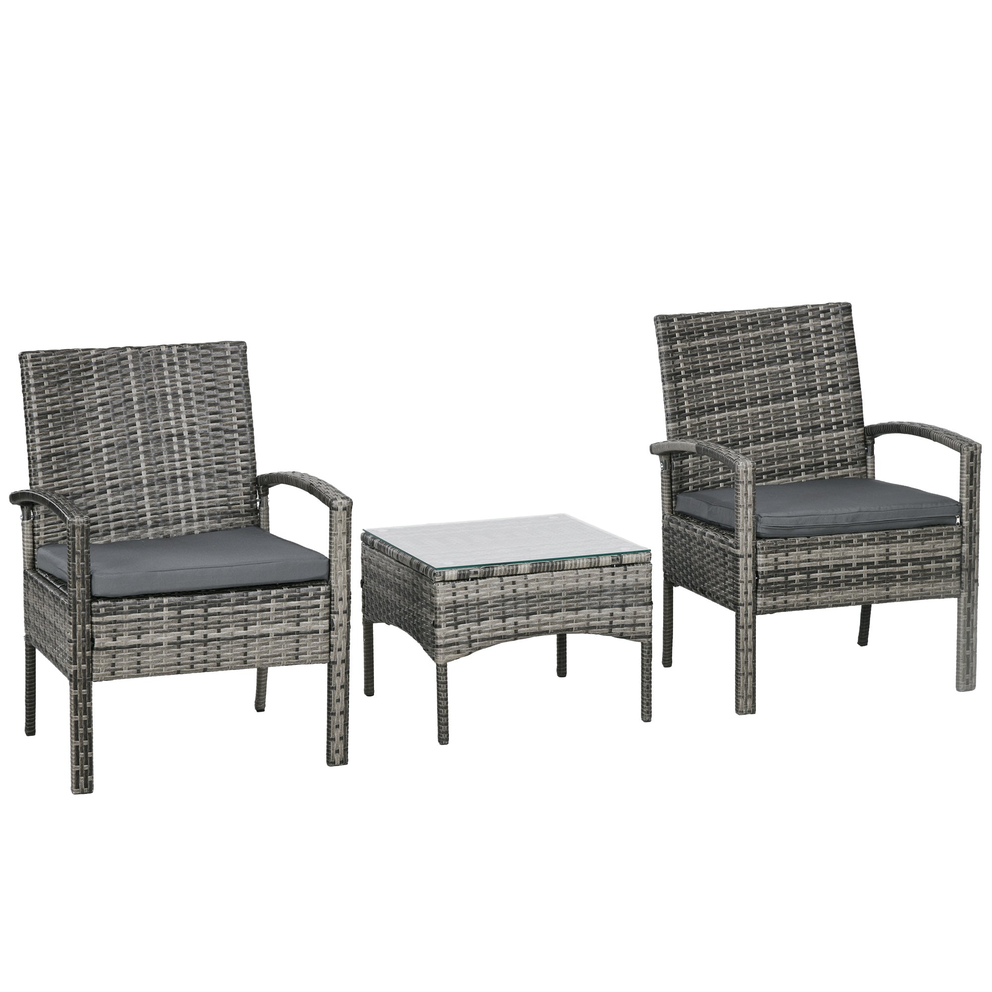 Outsunny 3 Pieces Outdoor Rattan Bistro Set, Patio Wicker Balcony Furniture, Conservatory Sets w/ Coffee Table and Cushioned Chair, Mixed Grey