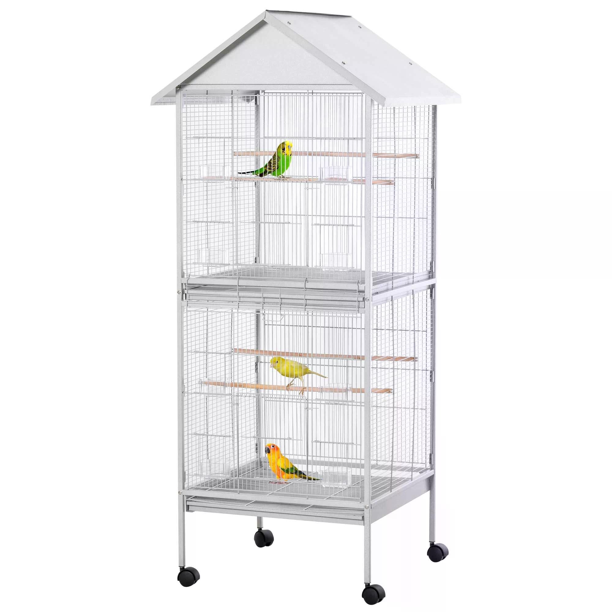 PawHut 170cm Metal Bird Cage Parrot Cage Mobile Feeder with Rolling Stand Perches Food Containers Doors Wheels White