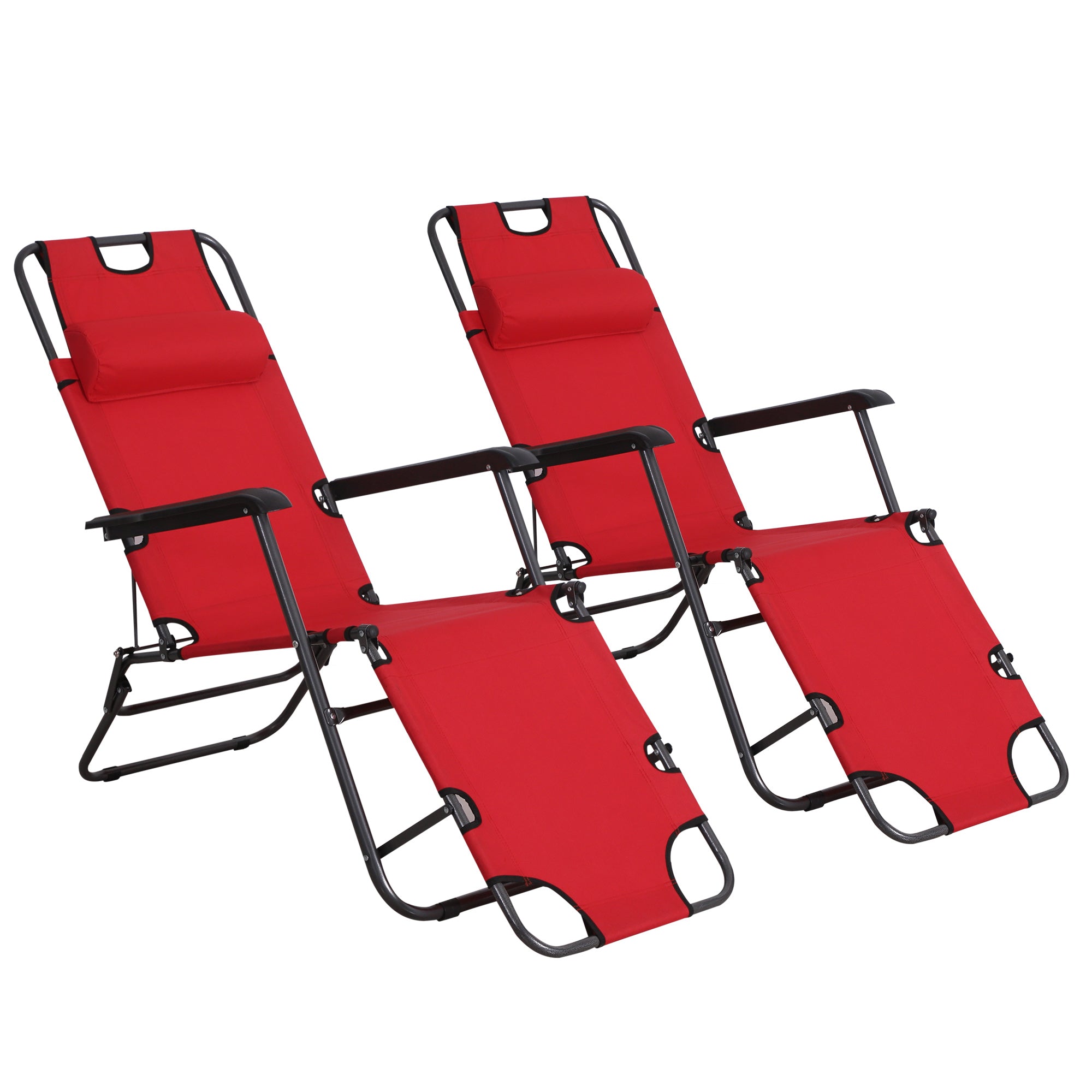 Outsunny Adjustable Garden Loungers with Pillow, Foldable Reclining Chairs, Outdoor, Armrests, Red, 2 Pieces