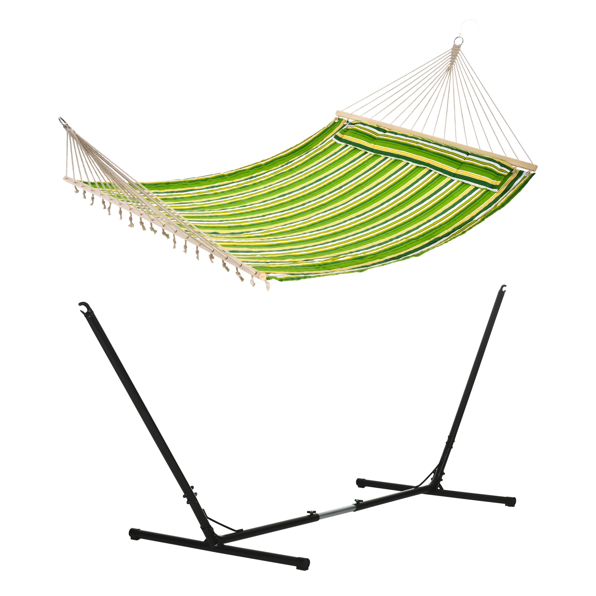 Outsunny Outdoor Garden Hammock with Stand, Double Cotton Hammock with Adjustable Steel Frame, Swing Hanging Bed with Pillow, for Garden, Patio, Beach, Green Stripes