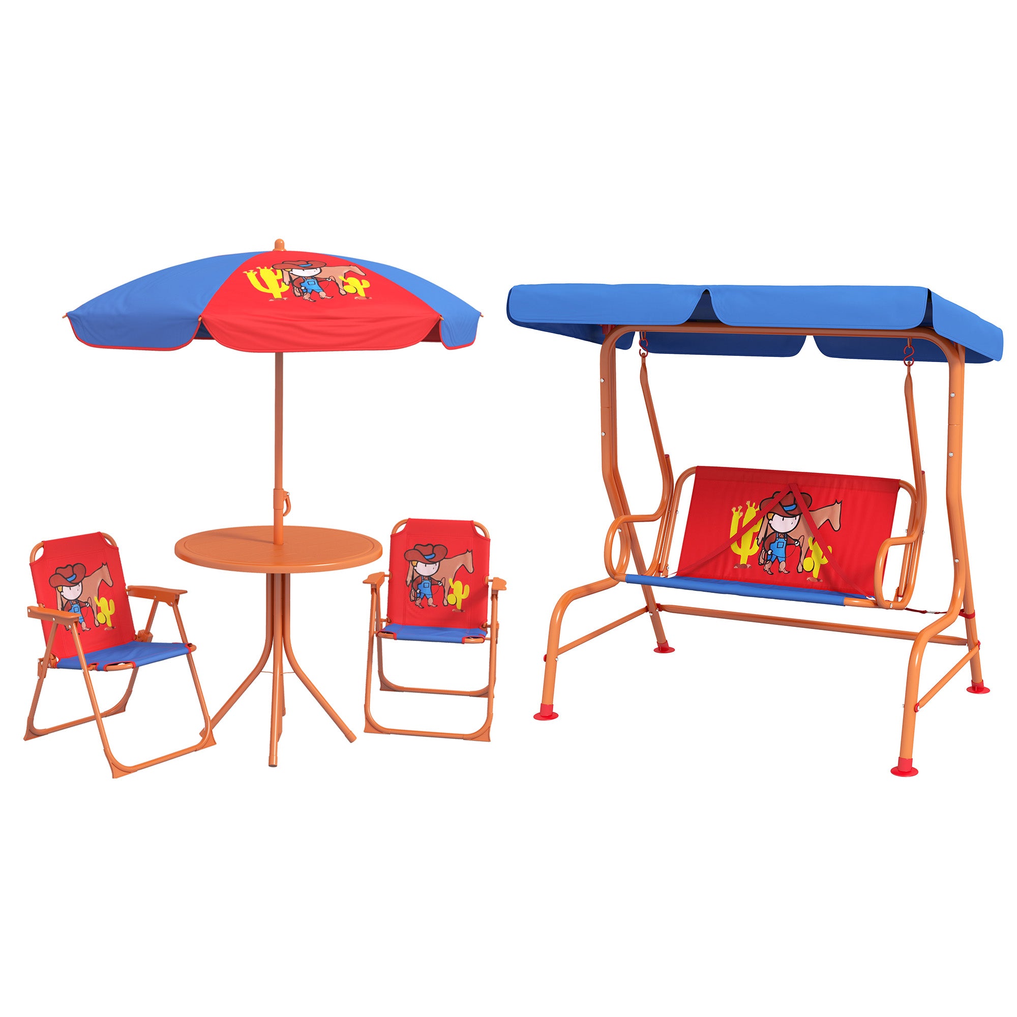 Outsunny 4 Piece Kids Garden Furniture Set with Adjustable Canopy, Cowboy Themed, Kids Garden Table and Chair Set and Double Seat