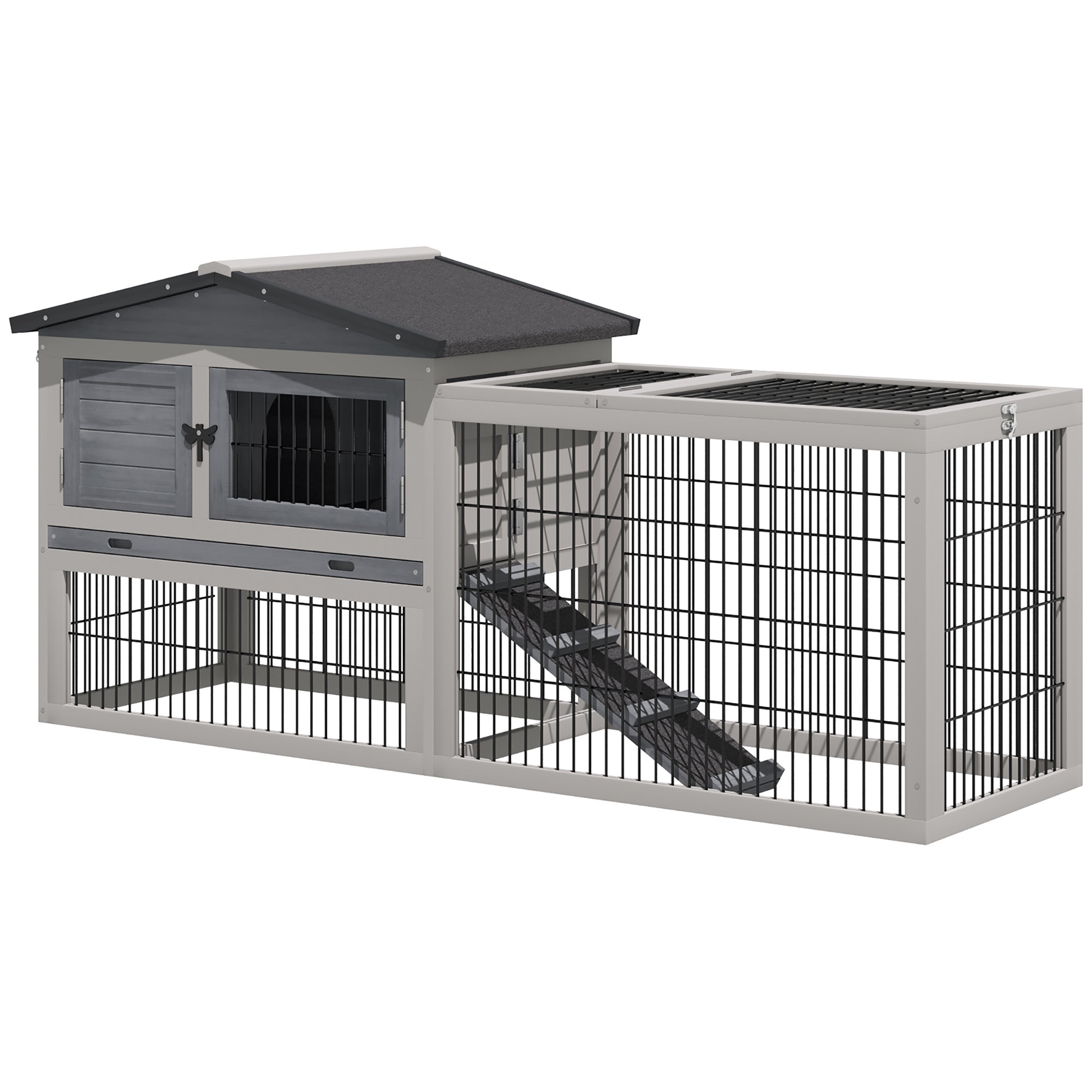 PawHut Small Animal Two-Level Fir Wood Hutch w/ Ramp Burnt Grey