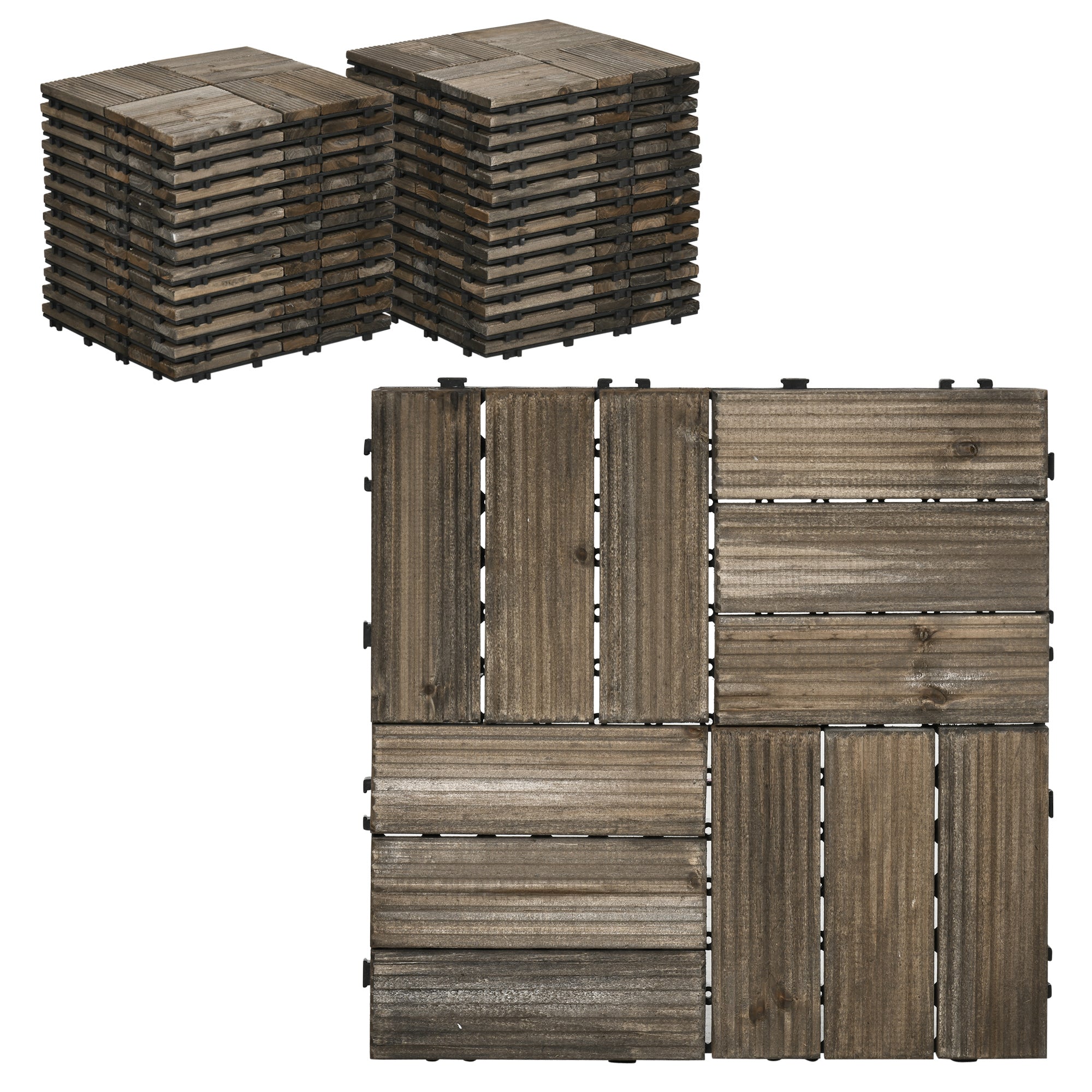 Outsunny 27 Pcs Wooden Interlocking Decking Tiles, Outdoor Flooring Tiles for Patio, Balcony, Terrace, Hot Tub, 30 x 30 cm per Piece, Charcoal Grey