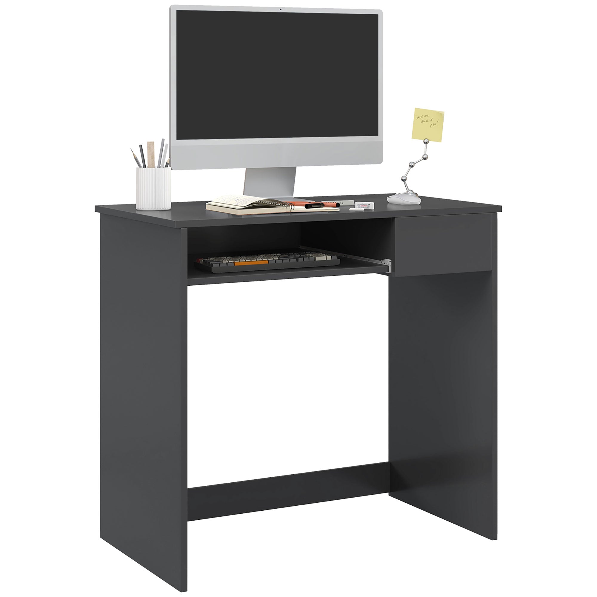 HOMCOM Compact Computer Desk with Keyboard Tray and Drawer, Study Desk, Writing Desk for Home Office, Grey