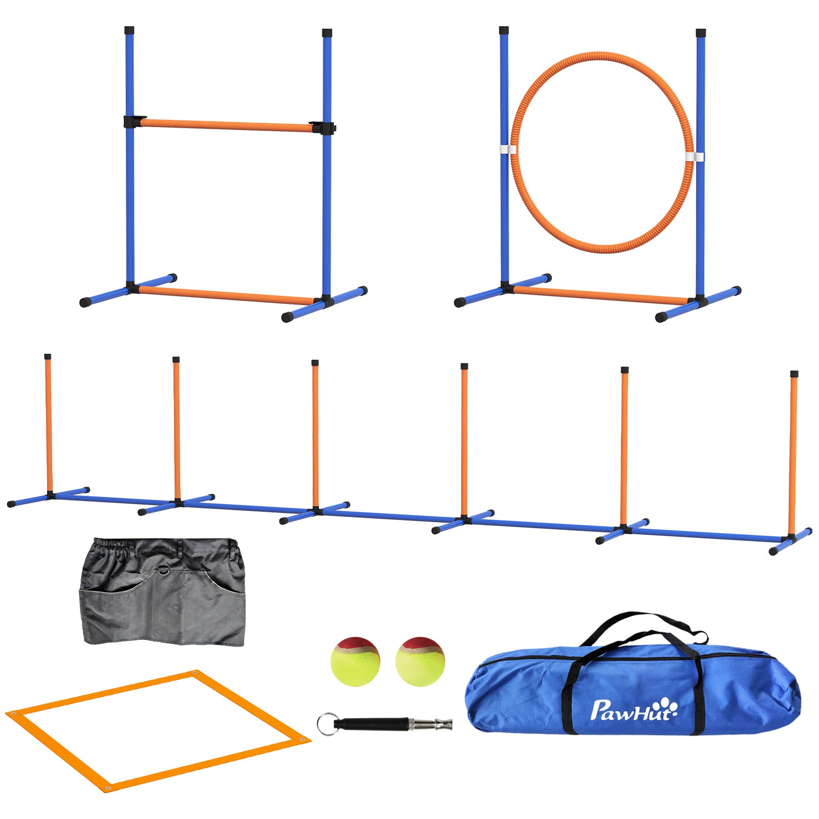 PawHut Five-Piece Dog Agility Equipment Set with Weave Poles, Jump Ring, Hurdle, Pause Box, Training Shorts, Bag, Orange