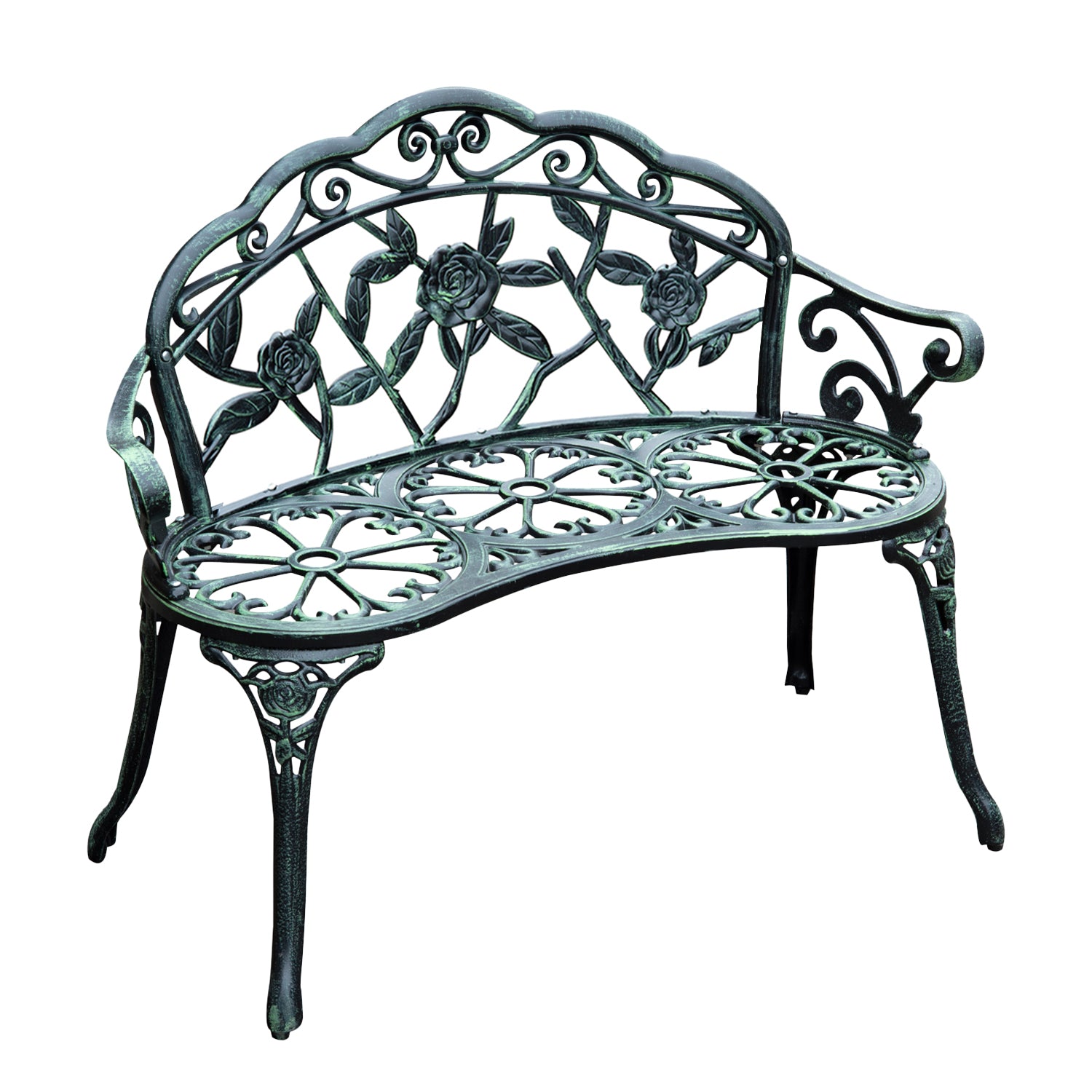 Outsunny Cast Aluminium Outdoor Garden Patio Antique Rose Style Bench Porch Park Chair Seater - Green