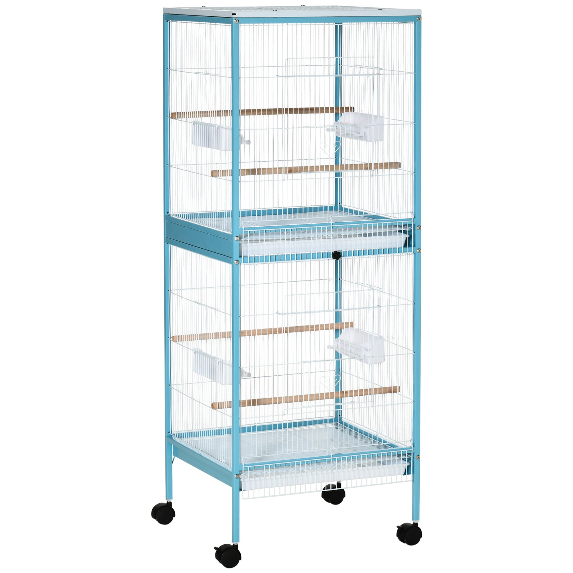 PawHut 2-In-1 Large Bird Cage Aviary, Mobile, Slide-out Trays, Wooden Perch, Feeding Bowls, for Finches Canaries Budgies, Sky Blue