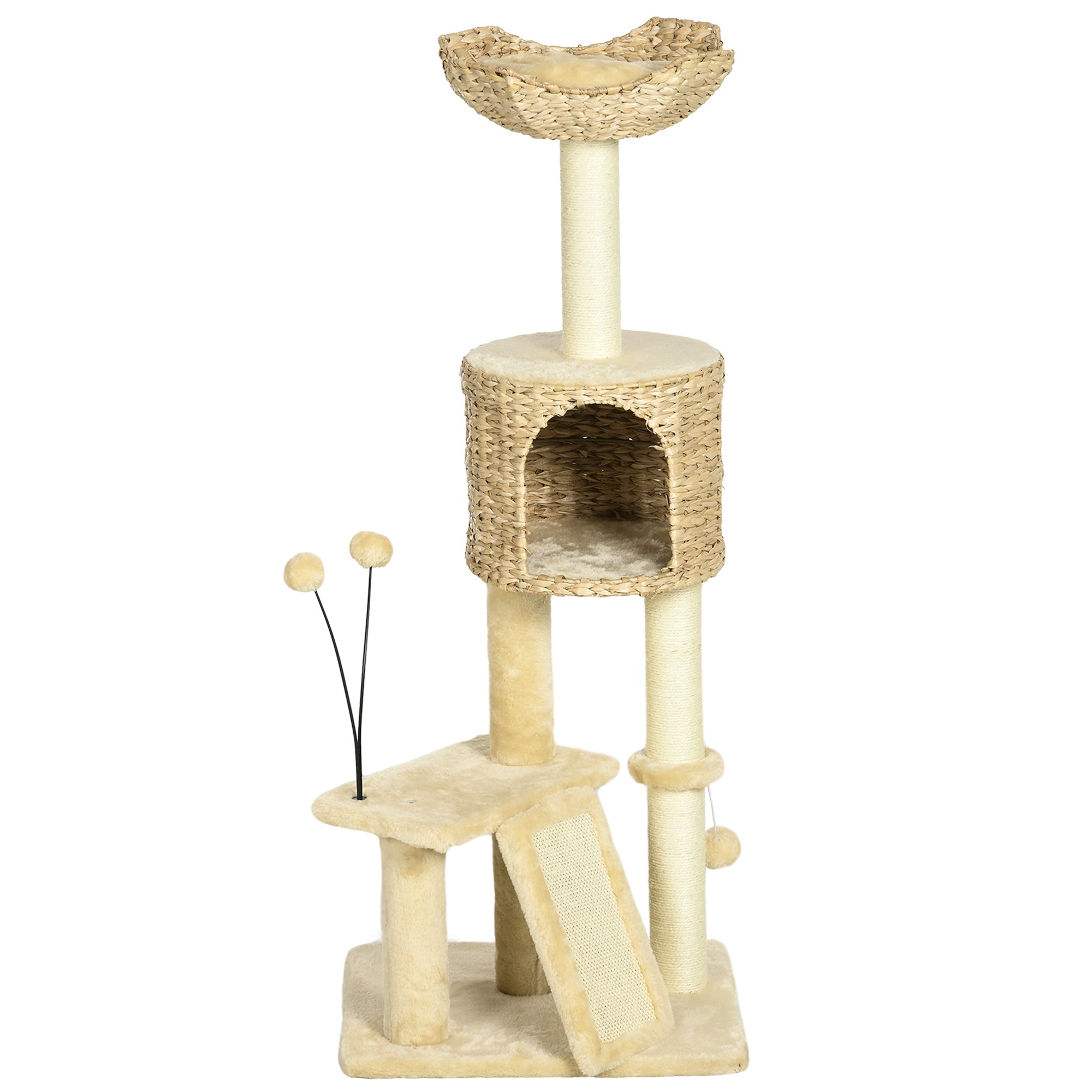 PawHut Cat Tree Tower with Scratching Posts, Cosy House, Bed, Interactive Toy Ball, Multi-Level, Beige