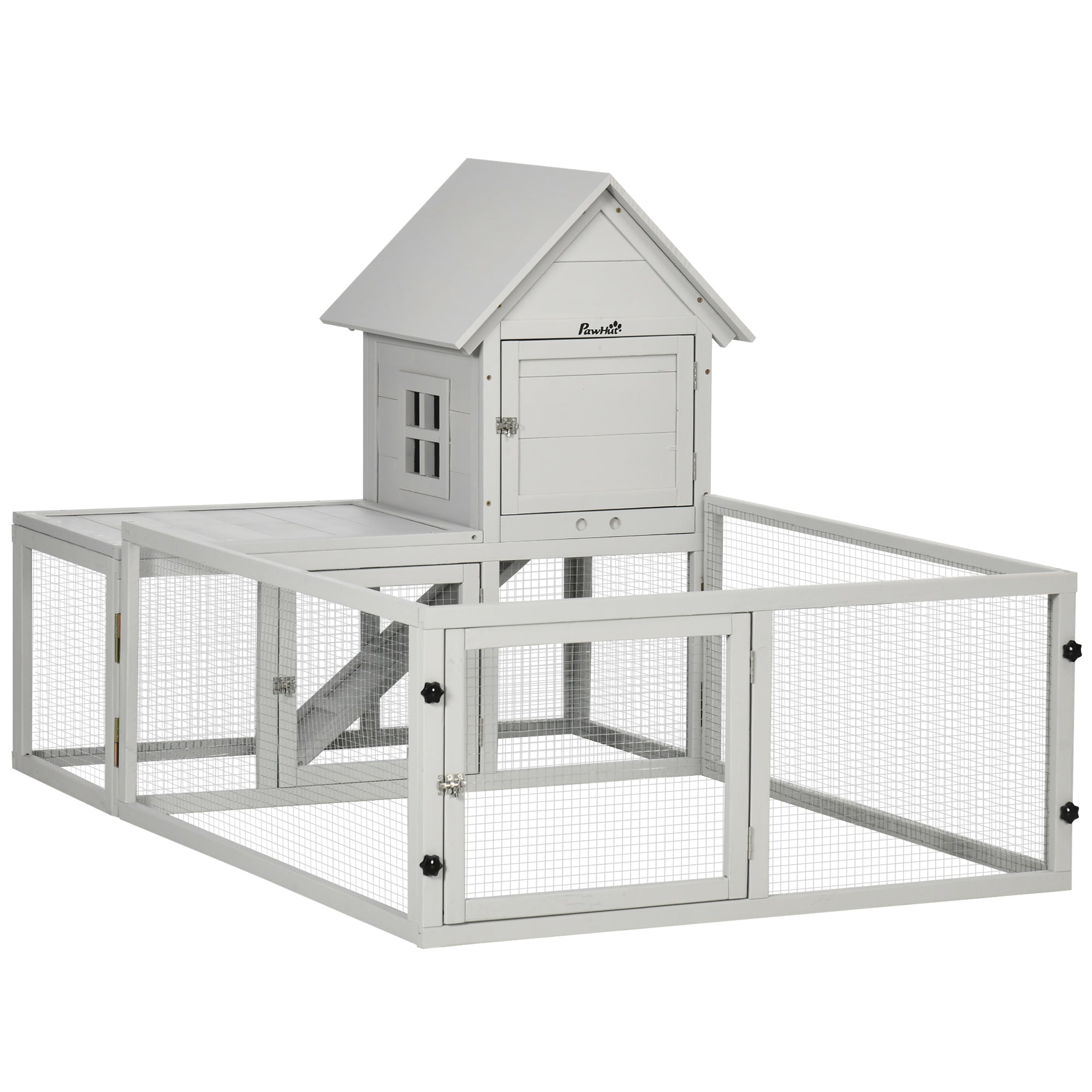 PawHut Wooden Rabbit Hutch with Extra Fenced Area, Large Guinea Pig Cage, Small Animal House for Indoor with Slide-out Tray, Light Grey