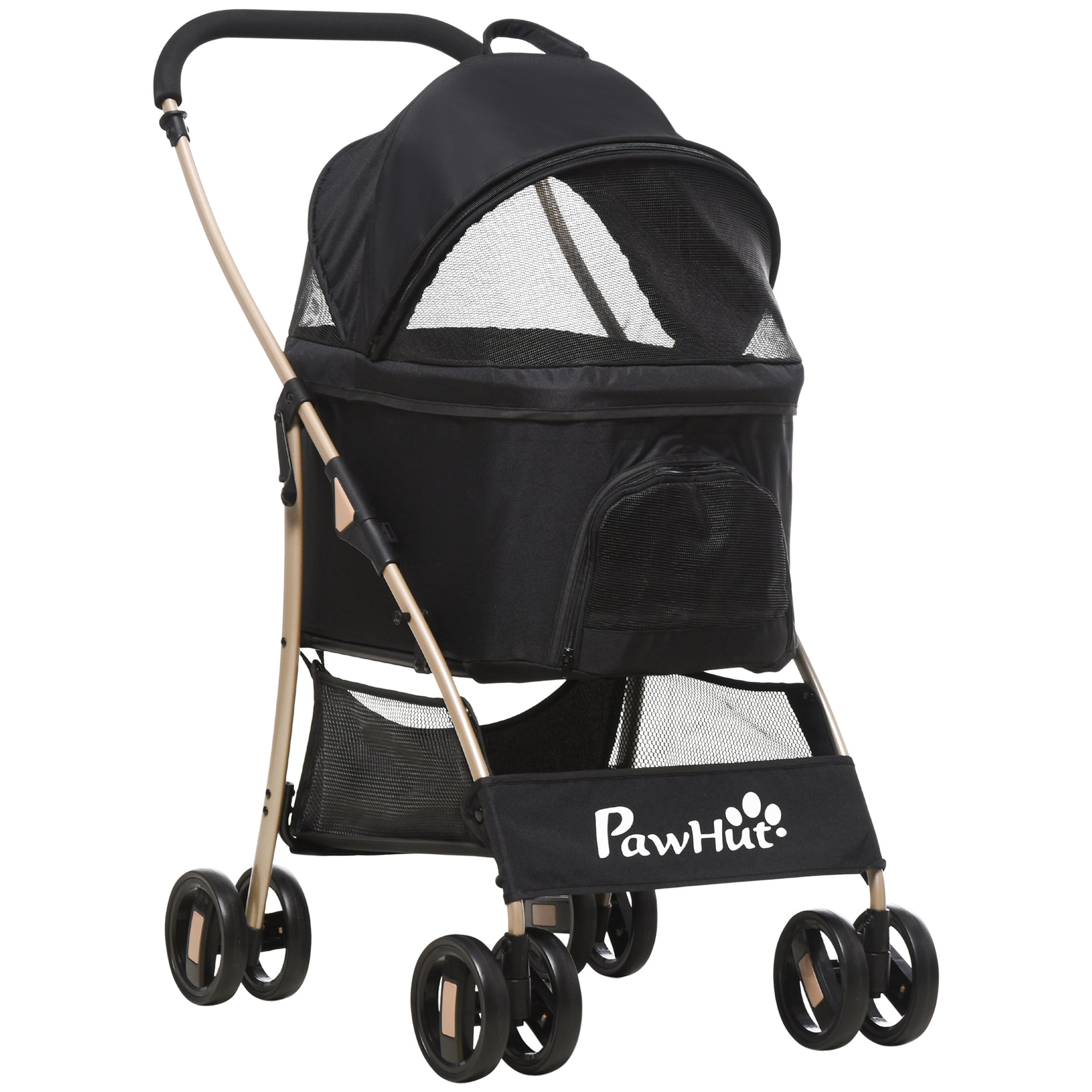 PawHut Detachable Pet Stroller, 3-In-1 Dog Cat Travel Carriage, Foldable with Universal Wheel Brake, Canopy Basket Storage Bag, Black