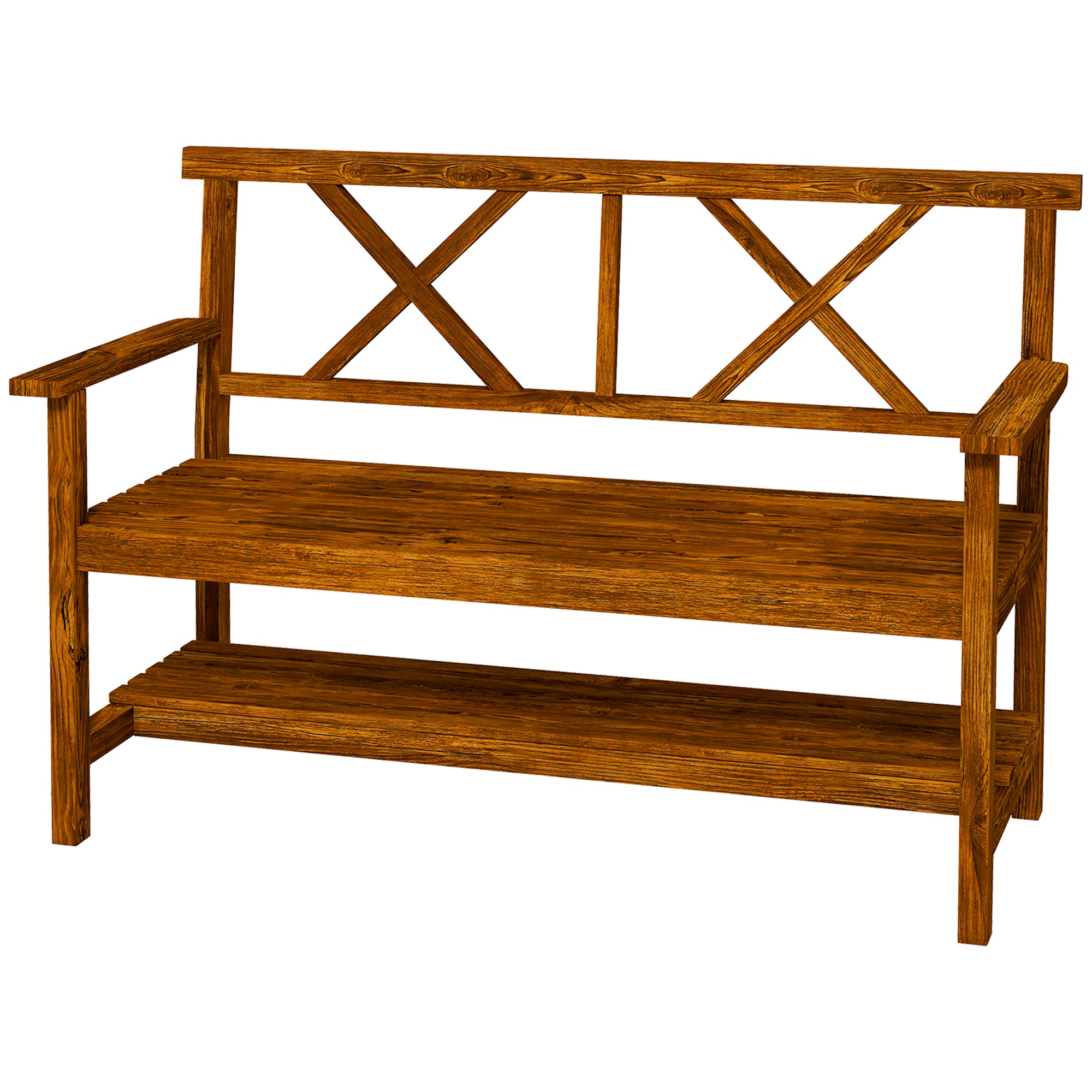 Outsunny Outdoor Bench, 2-Seater with Storage Shelf, Backrest, Armrests, Slat Seat, Wooden, Carbonized