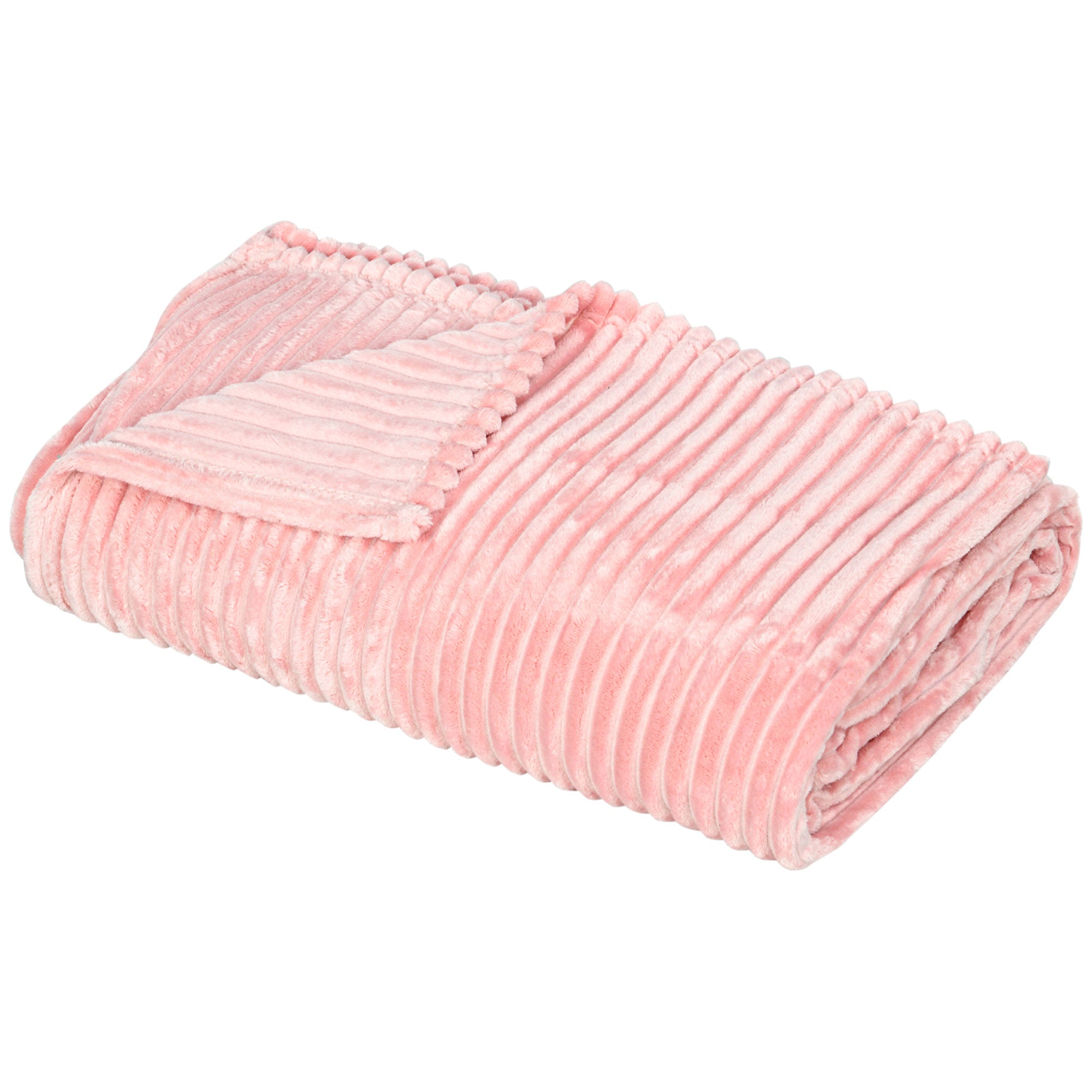 HOMCOM Flannel Fleece Throw Blanket, Fluffy Warm Throw Blanket, Striped Reversible Travel Bedspread, King Size, 230 x 231cm, Pink