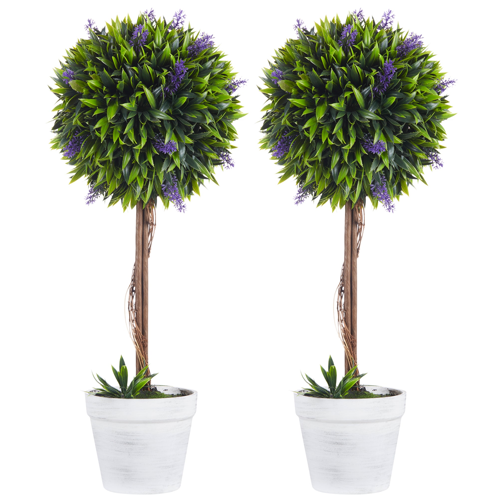 HOMCOM Artificial Lavender Topiary Balls Set of 2: Decorative Faux Plants in Pots for Indoor Outdoor Ambience, 60cm.