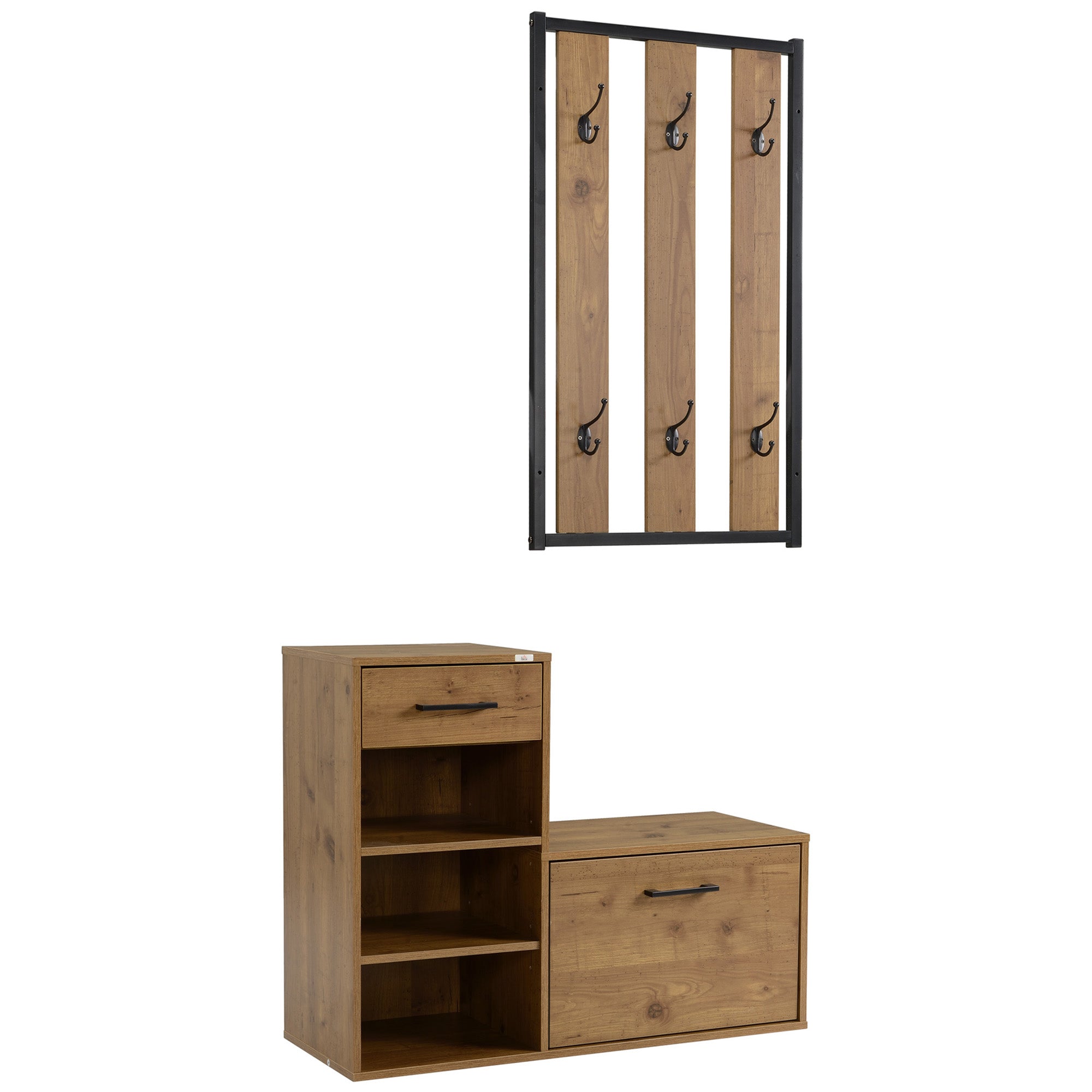 HOMCOM Coat Rack with Shoe Bench Set, Hall Tree, Hallway Set with 6 Hooks, Drawer and Storage Cabinet, Black and Natural