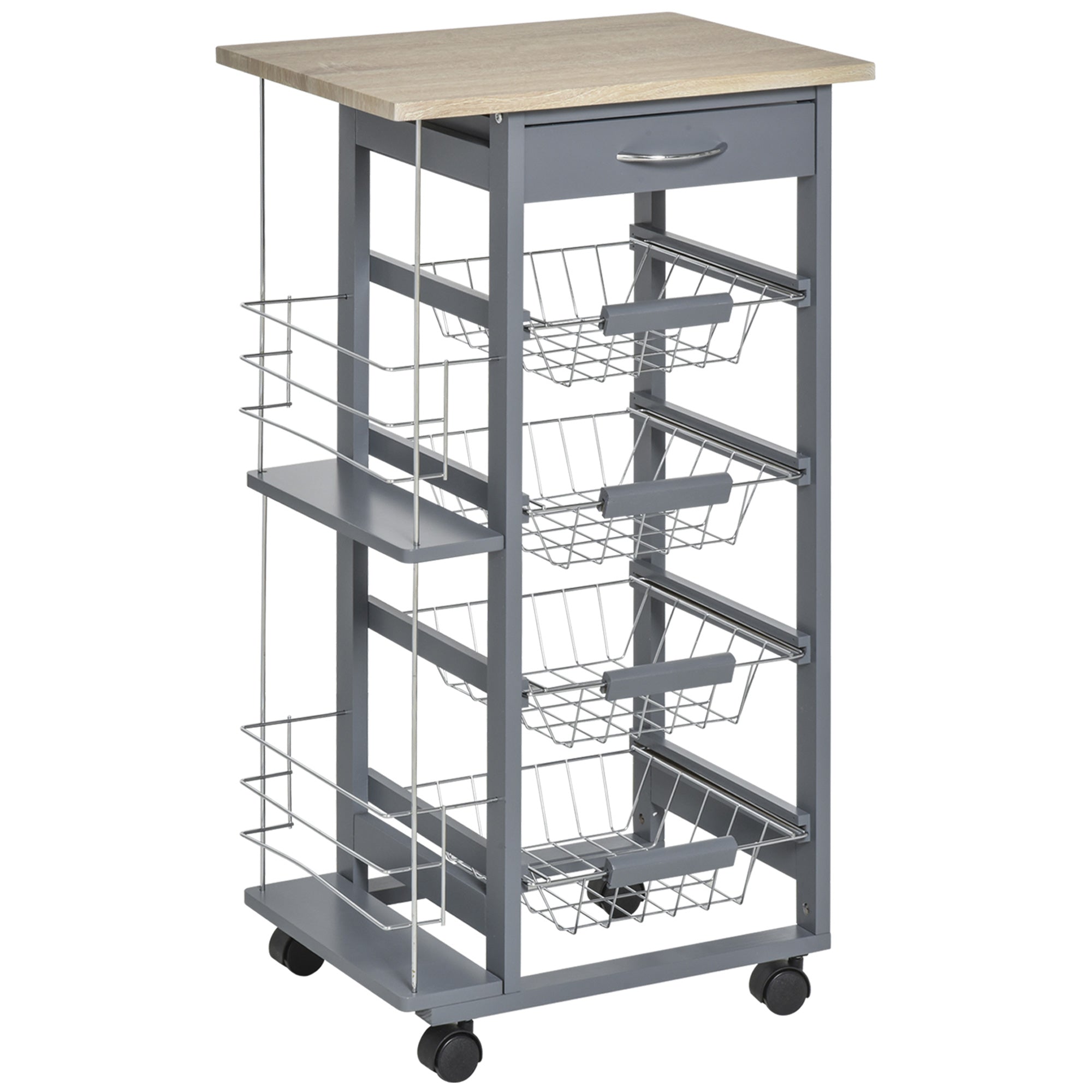 HOMCOM Kitchen Trolley, Multi-Use Kitchen Island w/ 4 Baskets 2 Side Racks 4 Wheels Food Storage Smooth Rolling Compact Furniture Dark Grey