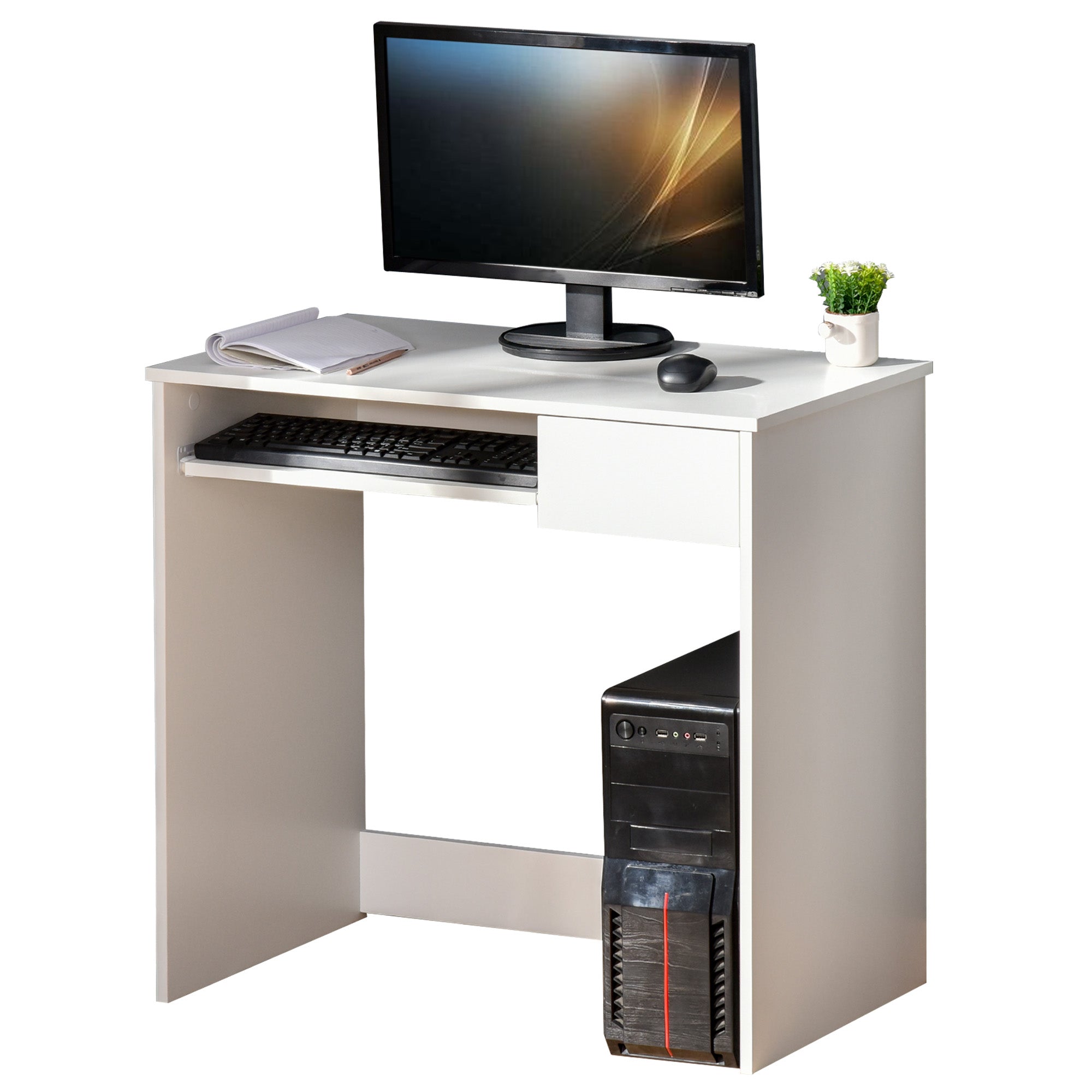 HOMCOM Compact Small Computer PC Table with Keyboard Tray Drawer Study Office Working Gaming  Writing Desk, White