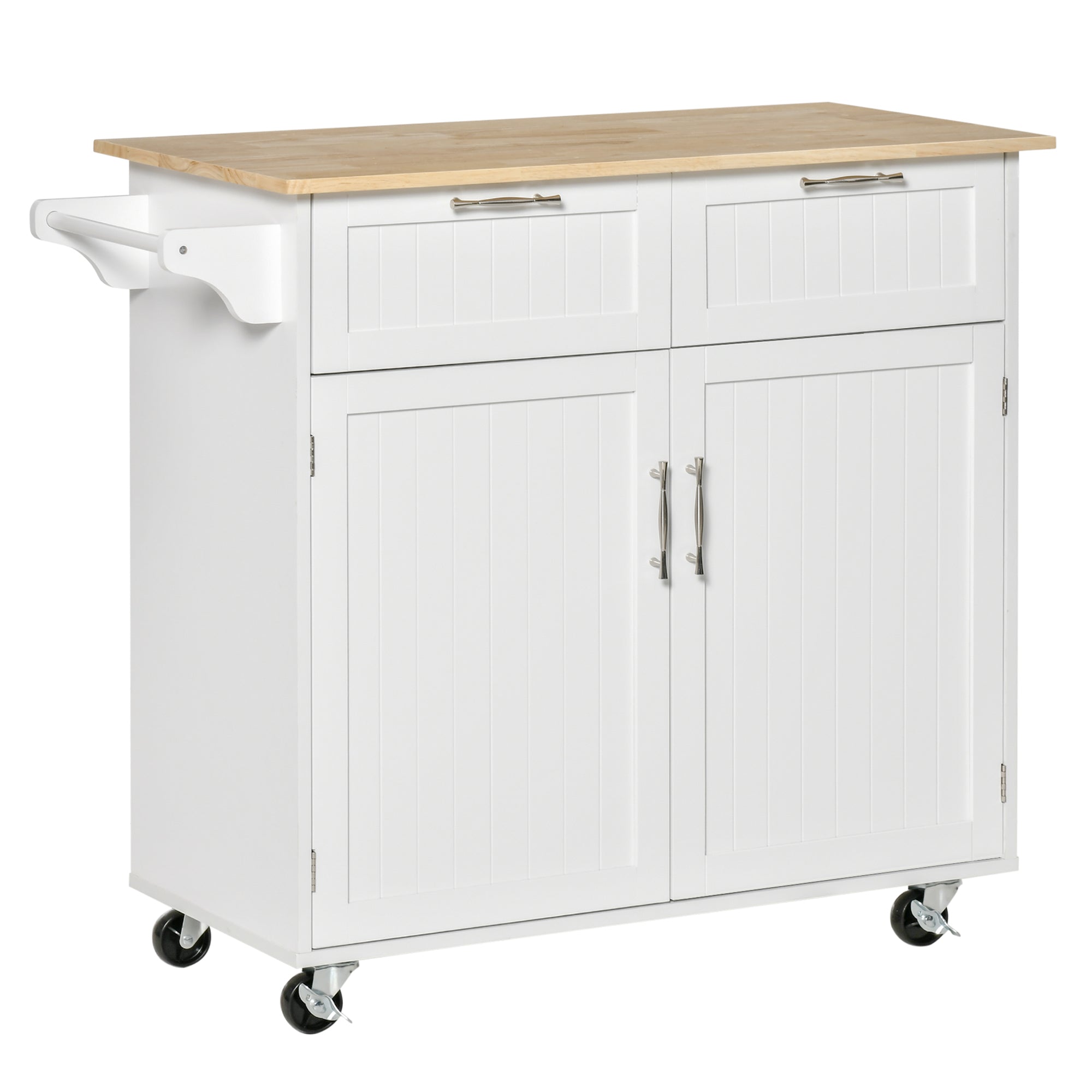 HOMCOM Modern Rolling Kitchen Island Storage Kitchen Cart Utility Trolley with Rubberwood Top, 2 Drawers, White