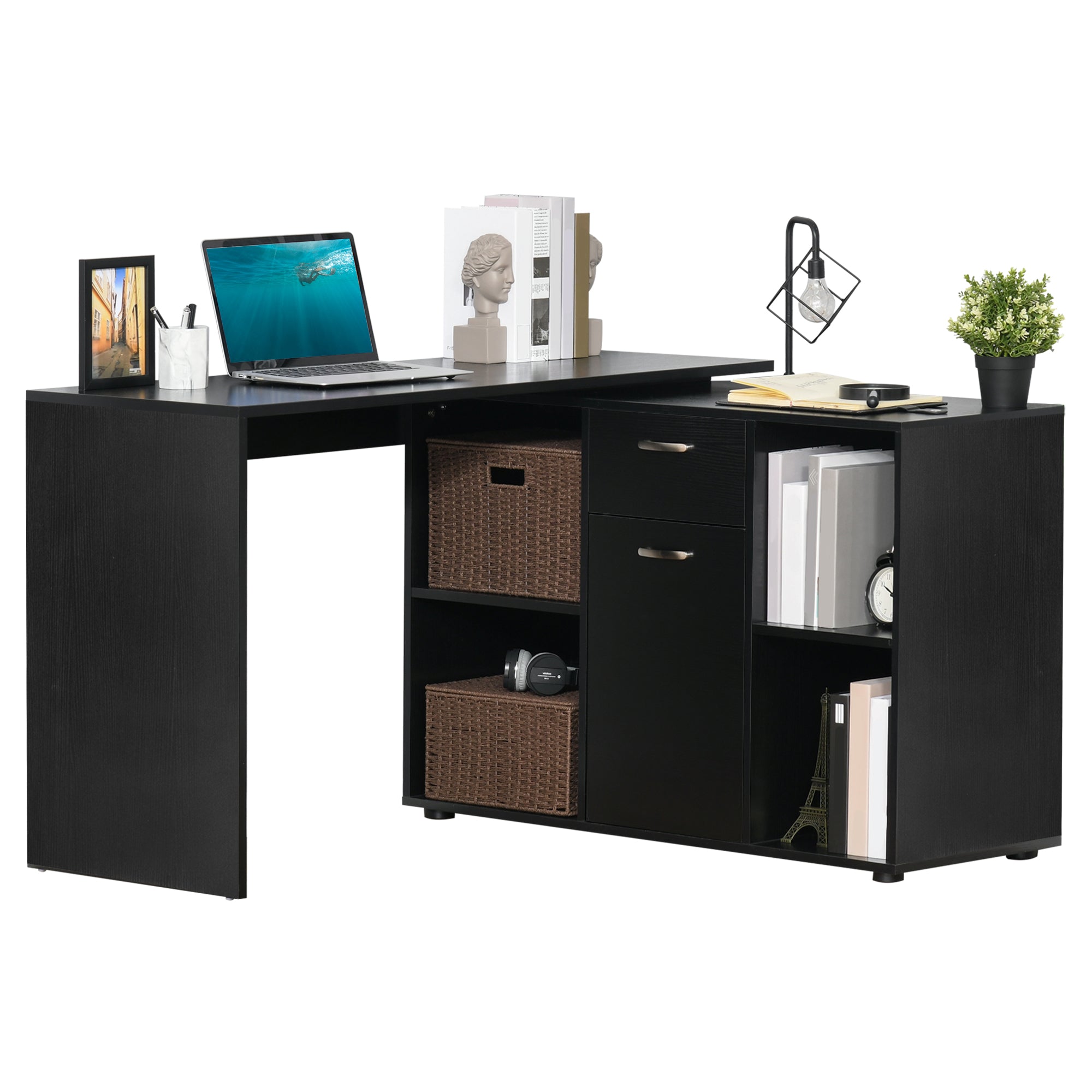 HOMCOM Modern L-Shaped Computer Desk, Laptop PC Corner Table, Home Office Workstation with Spacious Storage, Black