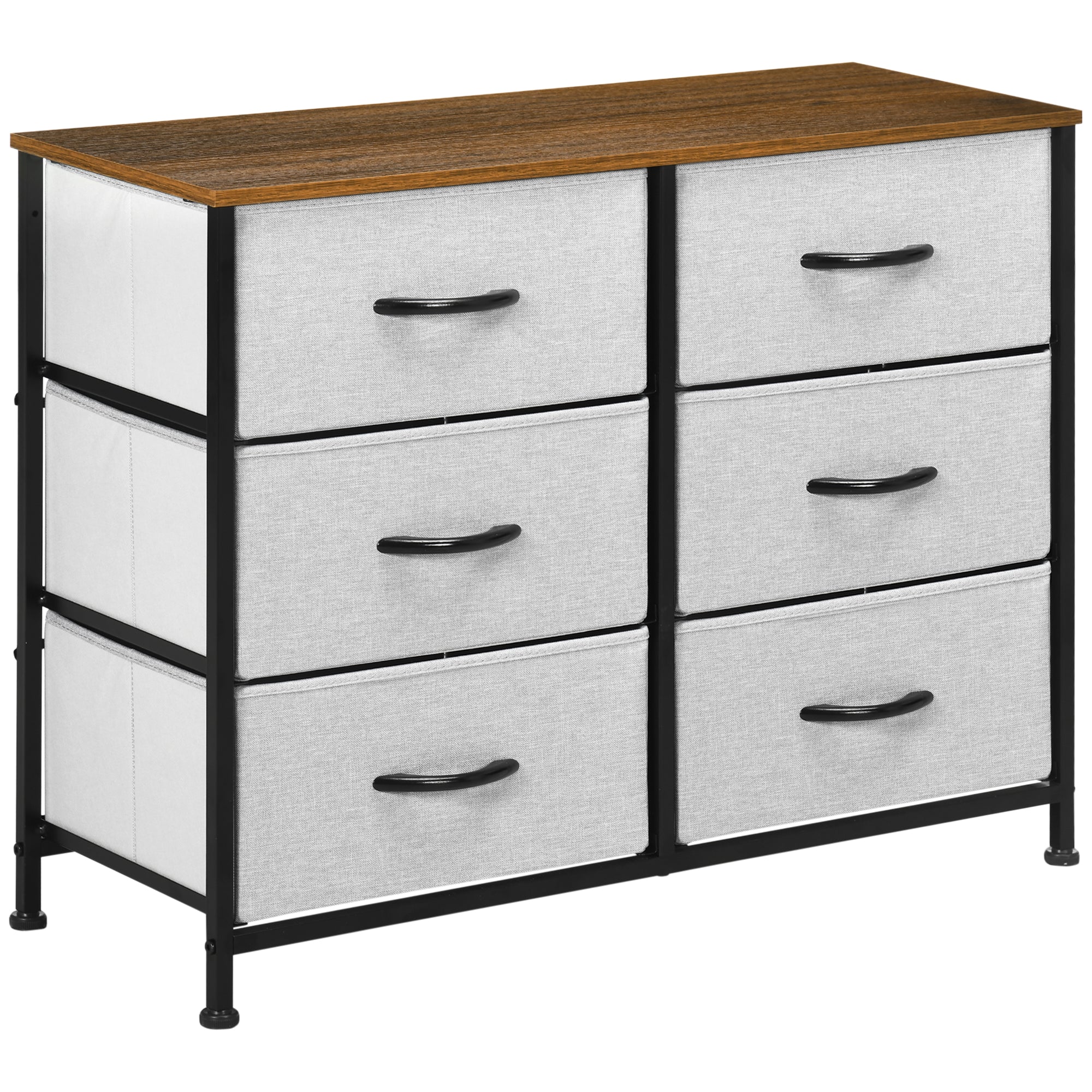 HOMCOM Bedroom Chest of Drawers, Industrial Dresser with 6 Fabric Bins, Steel Frame & Wooden Top, Grey