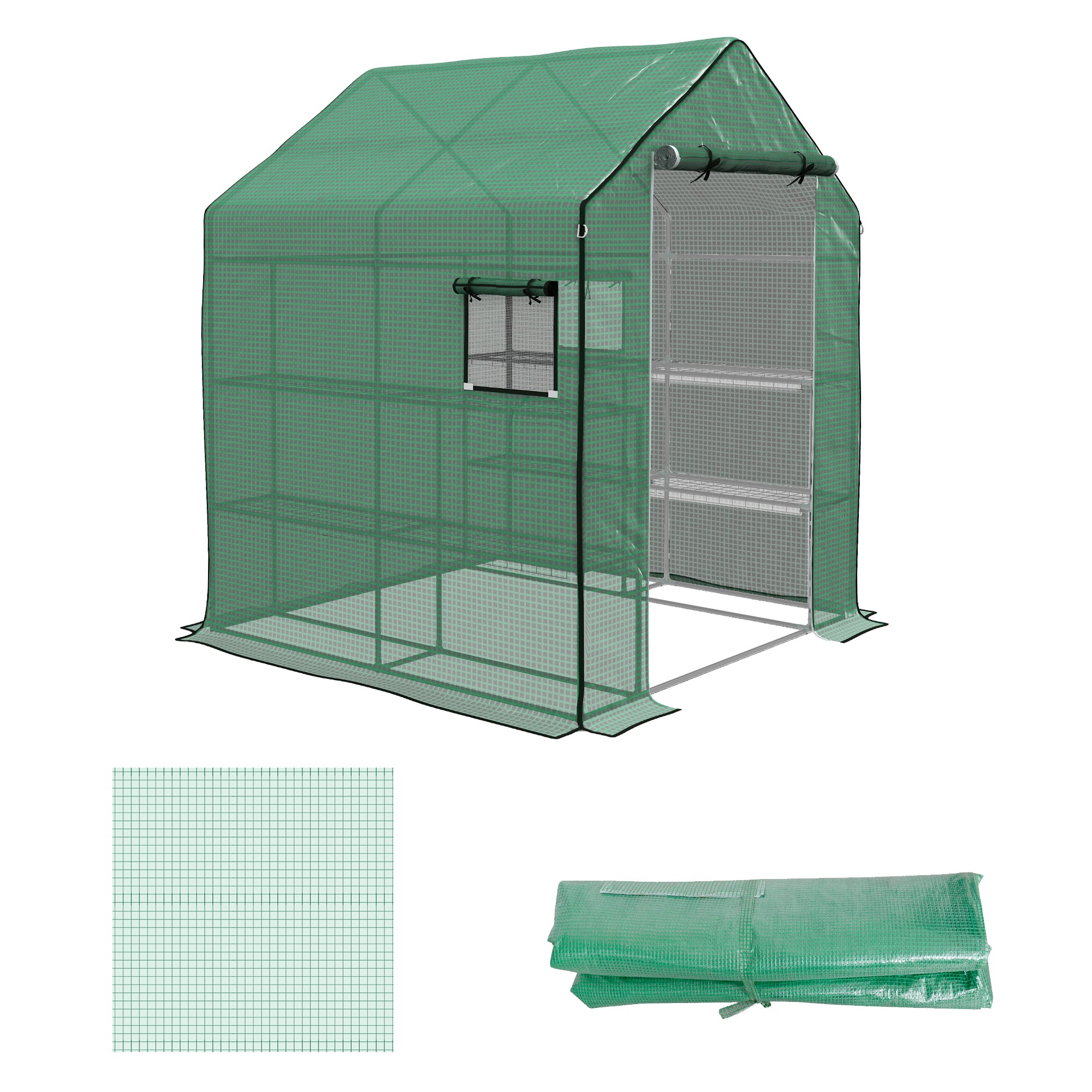 Outsunny Greenhouse Cover Replacement Walk-in PE Hot House Cover with Roll-up Door and Windows, 140 x 143 x 190cm, Green