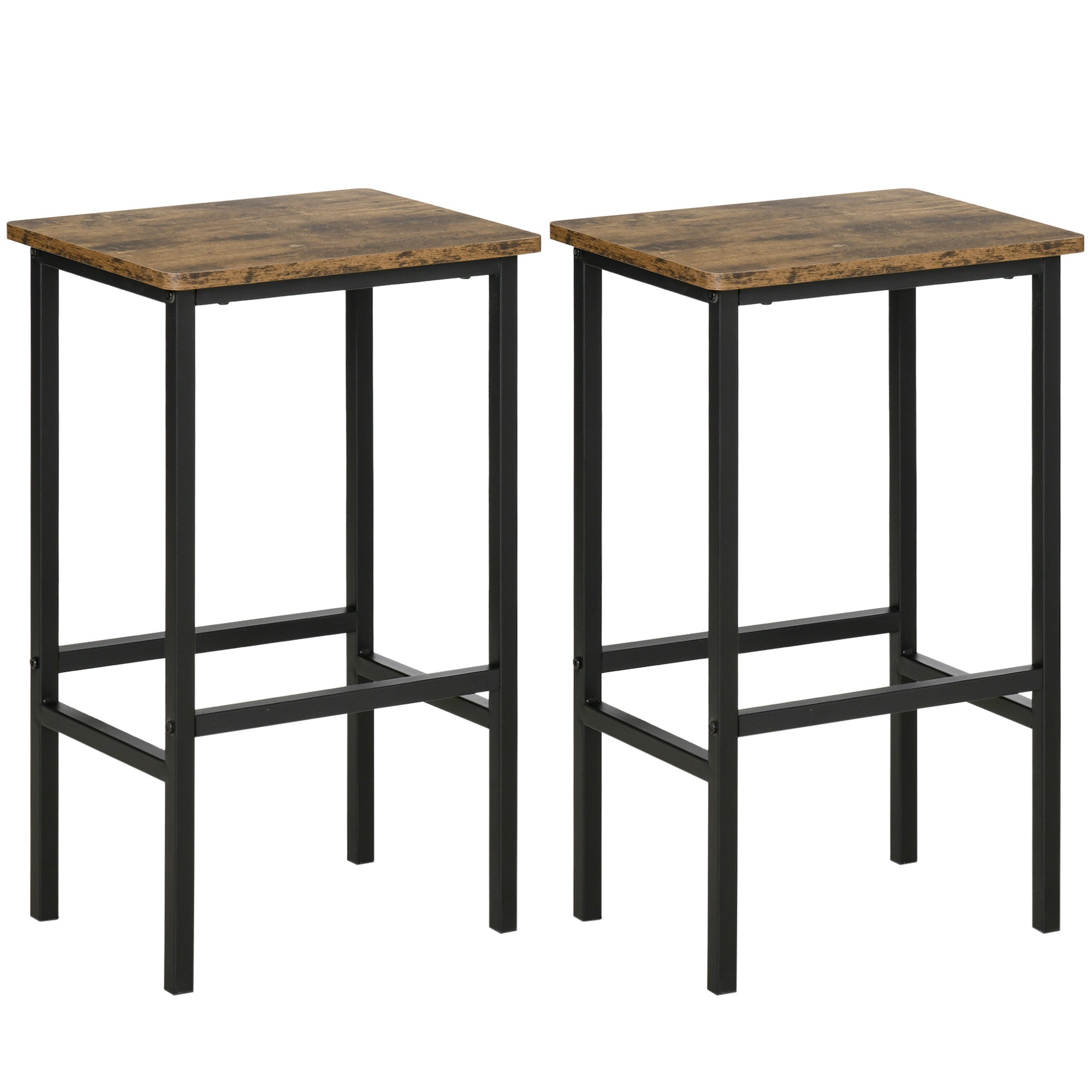 HOMCOM Industrial Bar Stools: Set of 2 Rustic Counter Height Chairs with Footrest, for Dining Area, Home Pub, Brown