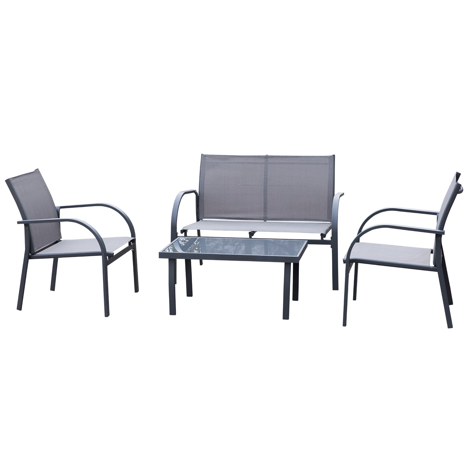 Outsunny 4 pcs Curved Steel Patio Furniture Set w/ Loveseat, Texteline Seats, Glass Top Table For Party Event, Grey