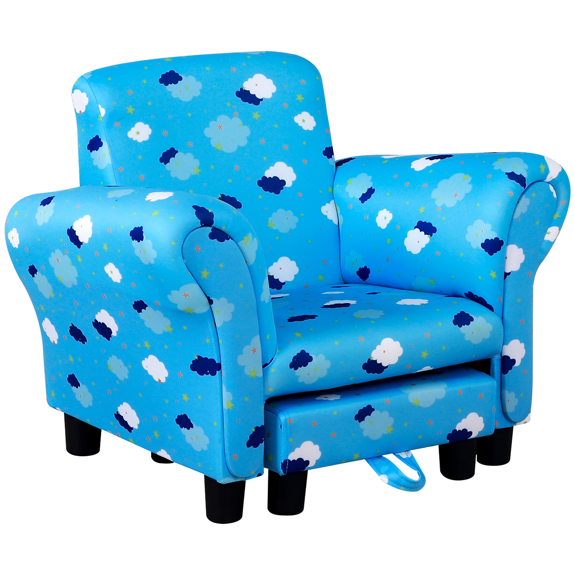 HOMCOM Childrens Sofa Mini Sofa Wood Frame w/ Footrest Anti-Slip Legs High Back Arms Bedroom Playroom Furniture Cute Cloud Star Blue