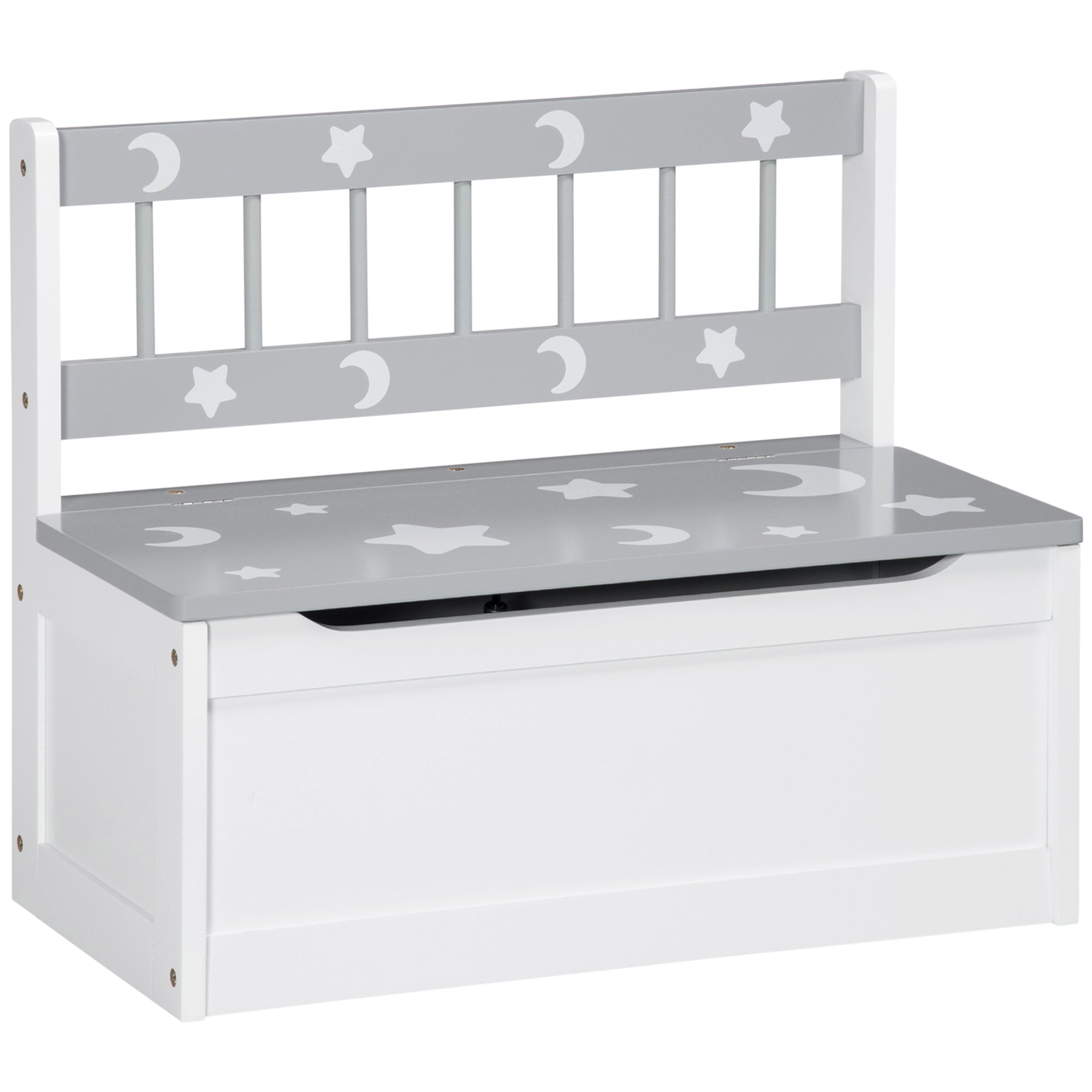 ZONEKIZ 2-IN-1 Wooden Toy Box, Kids Storage Bench Toy Chest with Safety Pneumatic Rod, Star & Moon Pattern, Grey