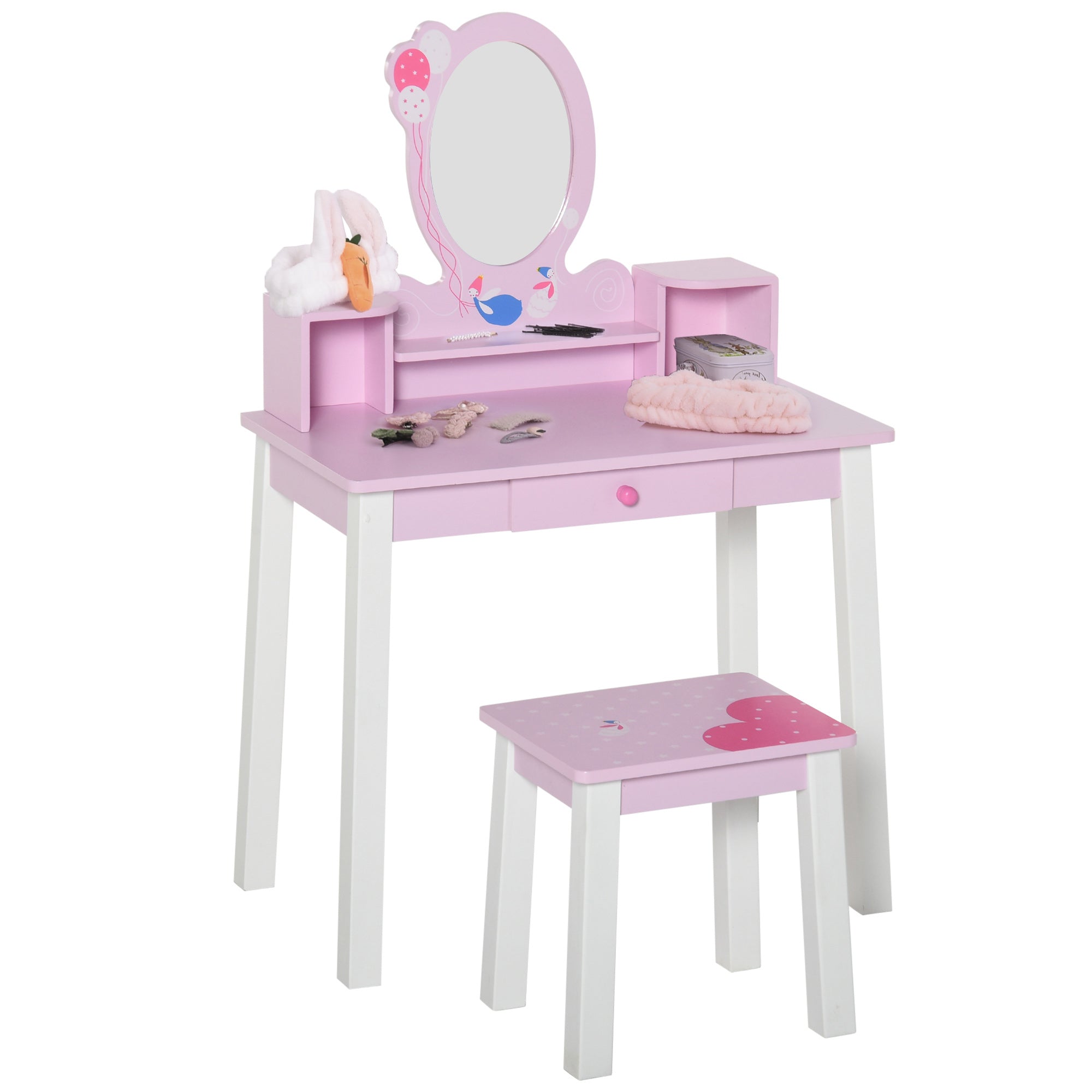 HOMCOM 2 PCS Kids Wooden Dressing Table and Stool Girls Vanity Table Makeup Table Set with Mirror Drawers Role Play for Toddlers 3 Year+, Pink White