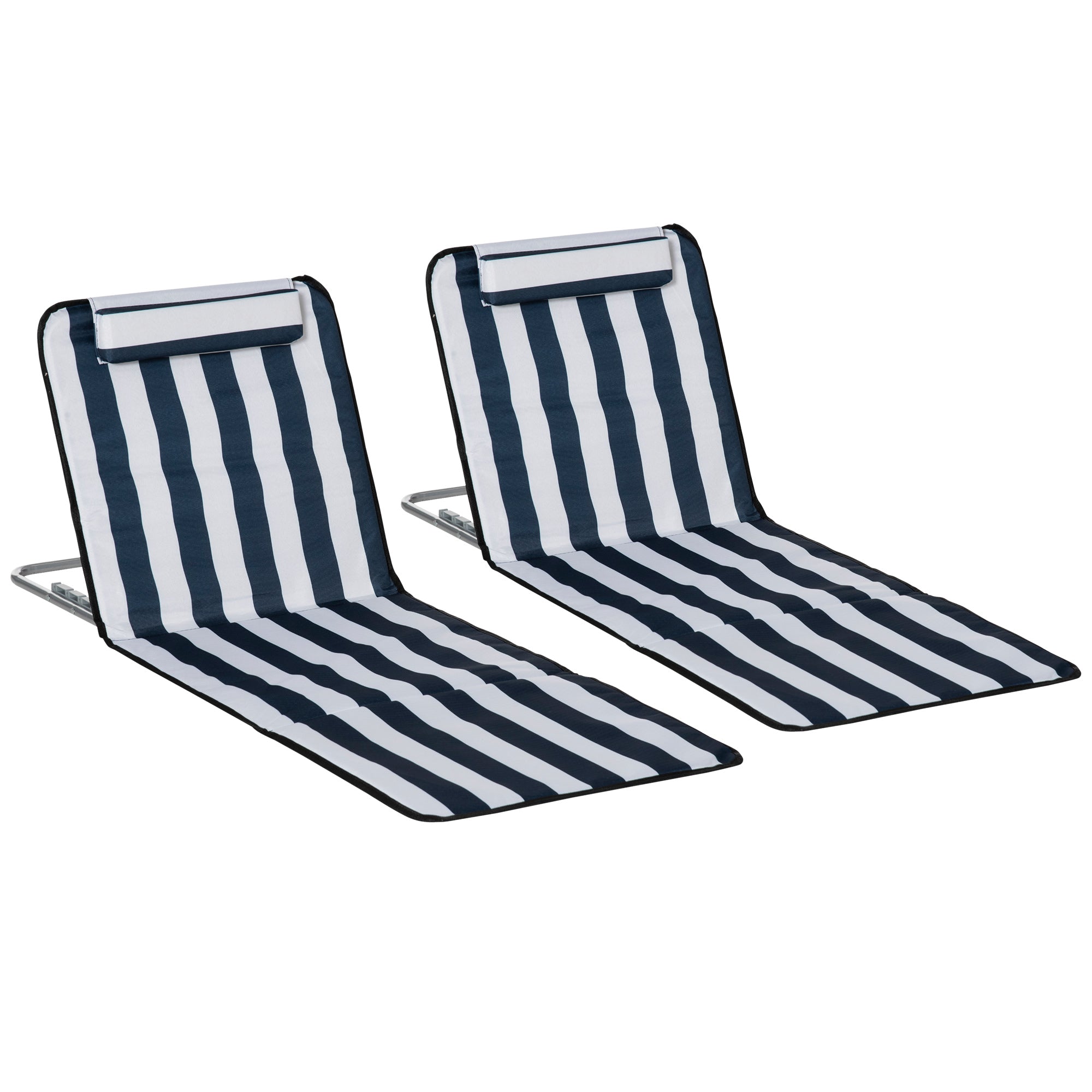 Outsunny Foldable Garden Beach Chair Mat, Set of 2, Lightweight, Adjustable Back, Metal Frame, PE Fabric with Head Pillow, Blue