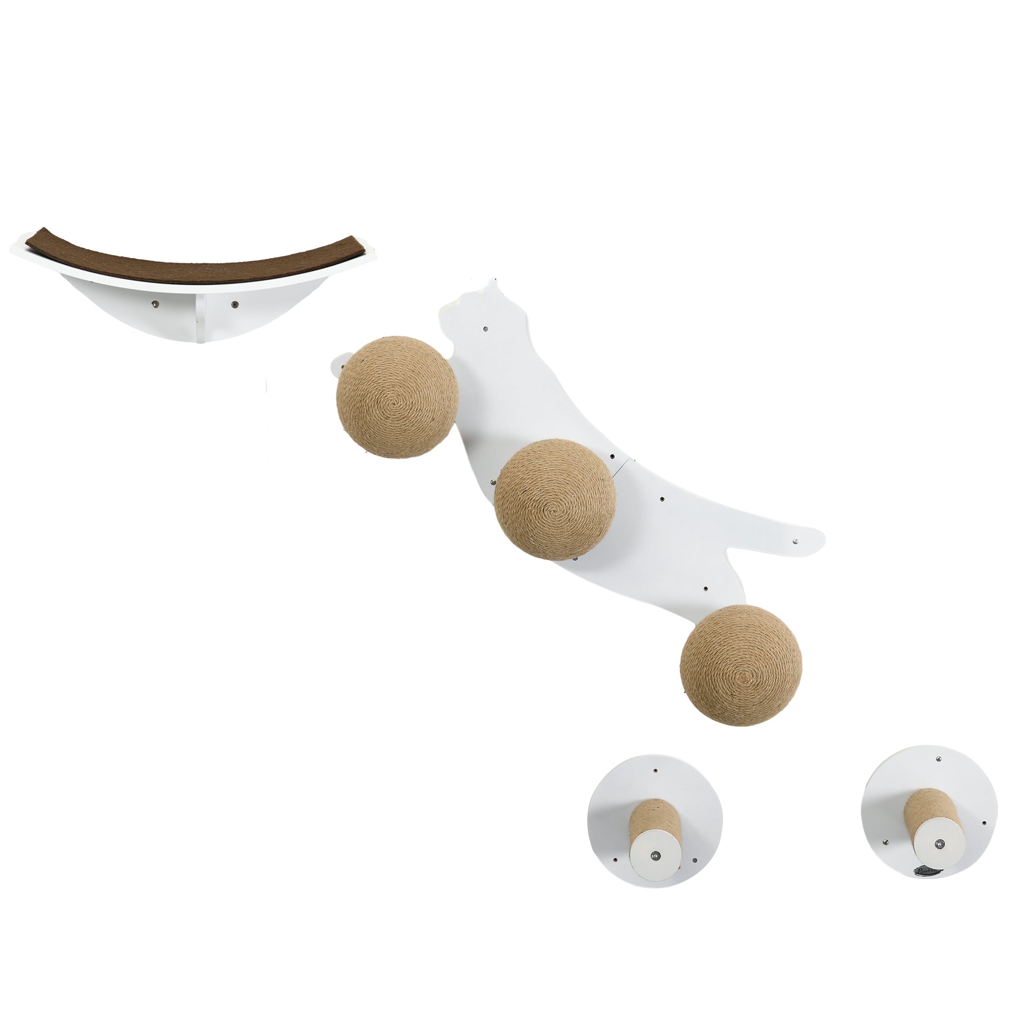 PawHut 4 Pieces Wall Mounted Cat Shelves, Cat-shaped Platform with Three Scratching Balls, Cat Wall Furniture with Scratching Posts, White